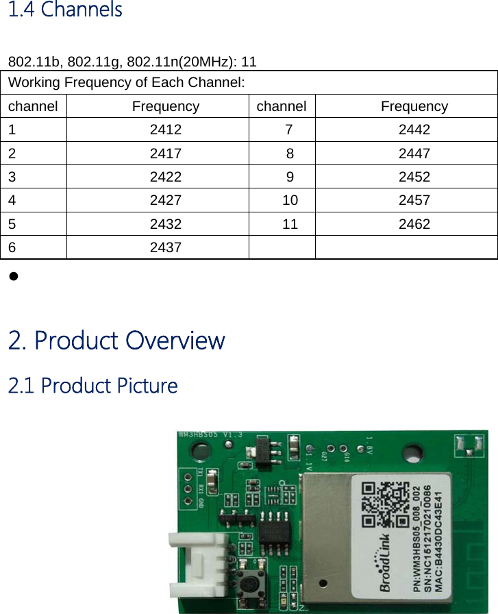 1.4 Channels 802.11b, 802.11g, 802.11n(20MHz): 11 Working Frequency of Each Channel: channel Frequency channel Frequency 1 2412 7 2442 2  2417 8 2447 3  2422 9 2452 4 2427 10 2457 5 2432 11 2462 6 2437     2. Product Overview   2.1 Product Picture  