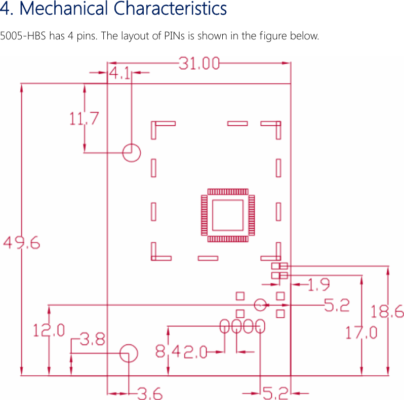  4. Mechanical Characteristics 5005-HBS has 4 pins. The layout of PINs is shown in the figure below.  