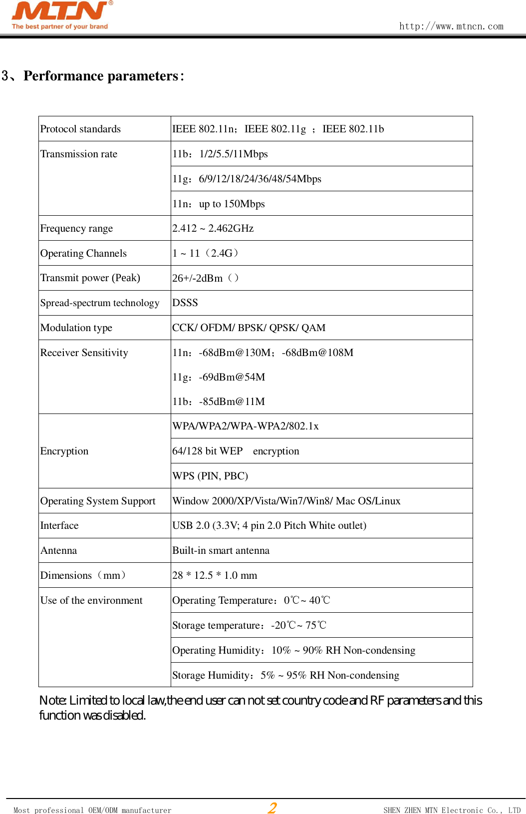                                                        http://www.mtncn.com  Most professional OEM/ODM manufacturer                                                 SHEN ZHEN MTN Electronic Co., LTD 3、Performance parameters:         Protocol standards IEEE 802.11n；IEEE 802.11g  ；IEEE 802.11b Transmission rate 11b：1/2/5.5/11Mbps 11g：6/9/12/18/24/36/48/54Mbps 11n：up to 150Mbps Frequency range 2.412 ~ 2.462GHz Operating Channels 1 ~ 11（2.4G） Transmit power (Peak) 26+/-2dBm（） Spread-spectrum technology DSSS Modulation type CCK/ OFDM/ BPSK/ QPSK/ QAM Receiver Sensitivity 11n：-68dBm@130M；-68dBm@108M     11g：-69dBm@54M   11b：-85dBm@11M Encryption WPA/WPA2/WPA-WPA2/802.1x 64/128 bit WEP    encryption WPS (PIN, PBC) Operating System Support Window 2000/XP/Vista/Win7/Win8/ Mac OS/Linux Interface USB 2.0 (3.3V; 4 pin 2.0 Pitch White outlet) Antenna Built-in smart antenna Dimensions（mm） 28 * 12.5 * 1.0 mm Use of the environment Operating Temperature：0℃~ 40℃ Storage temperature：-20℃~ 75℃ Operating Humidity：10% ~ 90% RH Non-condensing  Storage Humidity：5% ~ 95% RH Non-condensing     Note: Limited to local law,the end user can not set country code and RF parameters and thisfunction was disabled.