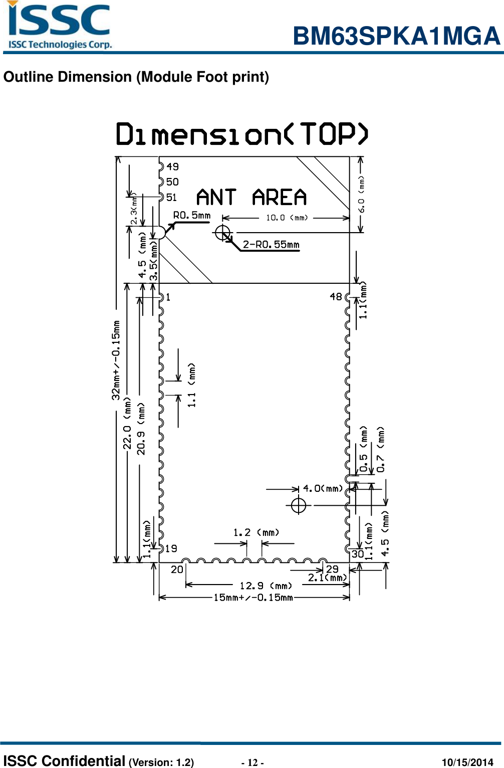                                                           BM63SPKA1MGA   ISSC Confidential (Version: 1.2)                  - 12 -                                  10/15/2014 Outline Dimension (Module Foot print)     