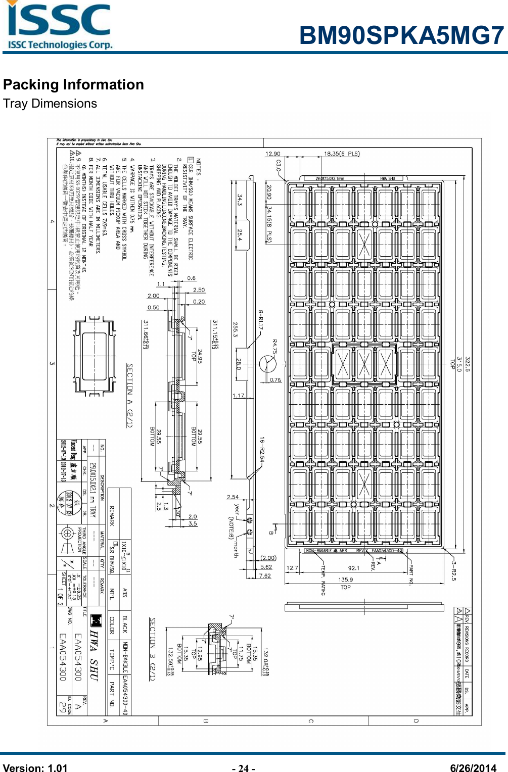                                                            BM90SPKA5MG7   Version: 1.01                                - 24 -                                     6/26/2014 Packing Information Tray Dimensions                                  