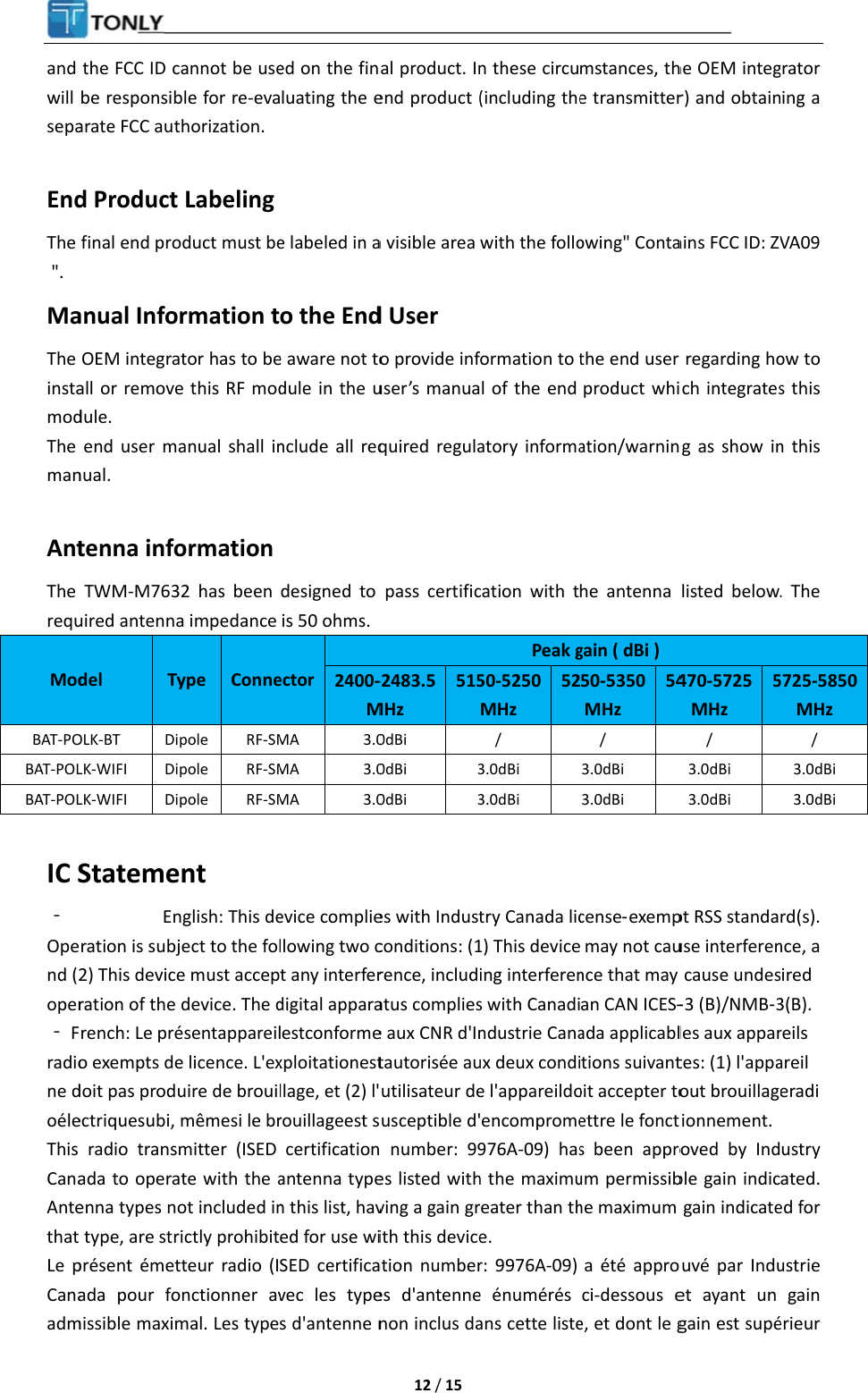 and will sepa EndThe  &quot;.  MaThe instamodThe man AntThe requModBAT-POBAT-POLBAT-POL IC S‐Opend (2oper‐ Fradione doéleThis CanaAntethat Le pCanaadmthe FCC ID cbe responsibarate FCC autd Product final end proanual InfoOEM integraall or removedule. end user manual. tenna infoTWM-M763uired antennadel  TyOLK-BT DiLK-WIFI DiLK-WIFI DiStateme Enration is subj2) This deviceration of the rench: Le préo exempts dedoit pas produectriquesubi, radio transmada to operaenna types no type, are strprésent émetada pour fomissible maximannot be useble for re-evathorization.  Labeling oduct must bermation ttor has to bee this RF modanual shall inormation 2 has been a impedance ype Connepole RF-SMpole RF-SMpole RF-SMnt nglish: This deject to the fole must accepdevice. The désentappareile licence. L&apos;exuire de brouimêmesi le brmitter (ISED te with the aot included inictly prohibittteur radio (Ionctionner avmal. Les typeed on the finluating the ee labeled in ao the Ende aware not todule in the unclude all reqdesigned to is 50 ohms. ector  2400-MMA 3.0MA 3.0MA 3.0evice compliellowing two ct any interferdigital apparalestconformexploitationestllage, et (2) l&apos;rouillageest scertificationantenna typen this list, haved for use wiSED certificavec les types d&apos;antenne n 12 / 15 al product. Inend product (a visible aread User o provide infuser’s manuaquired regulapass certific  -2483.5MHz 5150dBi 0dBi 30dBi 3es with Industconditions: (1rence, includiatus compliese aux CNR d&apos;Intautorisée auutilisateur deusceptible d&apos;n number: 99es listed withving a gain grith this deviceation numberes d&apos;antennenon inclus dan these circu(including thewith the folloormation to tl of the end atory informacation with tPeak g50-5250MHz 52/ 3.0dBi 3.0dBi try Canada lic1) This deviceing interferens with Canadindustrie Canaux deux condie l&apos;appareildoencomprome976A-09) hash the maximureater than the. r: 9976A-09) e énumérés ans cette listemstances, the transmitterowing&quot; Contathe end user product whiation/warninhe antenna gain ( dBi ) 50-5350MHz 54/ 3.0dBi 3.0dBi cense‐exempmay not caunce that may an CAN ICES‐ada applicabltions suivantoit accepter toettre le foncts been approum permissibhe maximum a été approci-dessous ee, et dont le ghe OEM integr) and obtainains FCC ID: ZV regarding hoich integratesg as show inlisted below.470-5725 MHz 5/ 3.0dBi 3.0dBi pt RSS standause interferencause undes‐3 (B)/NMB‐3les aux appartes: (1) l&apos;appaout brouillagtionnement. oved by Indble gain indicgain indicateouvé par Induet ayant un gain est supé grator ing a VA09ow to s this n this . The 5725-5850MHz / 3.0dBi 3.0dBi rd(s). nce, aired 3(B). reils areil eradiustry ated. ed for ustrie gain érieur 