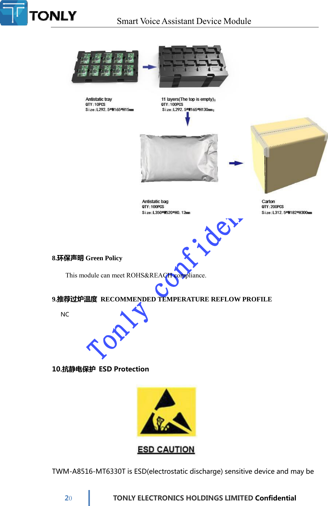 Smart Voice AssistantDevice Module 8.环保声明Green Policy This module can meet ROHS&amp;REACH compliance. 9.推荐过炉温度 RECOMMENDED TEMPERATURE REFLOW PROFILE NC10.抗静电保护 ESDProtection TWM-A8516-MT6330TisESD(electrostaticdischarge)sensitivedeviceandmaybe20  TONLYELECTRONICSHOLDINGSLIMITEDConfidential