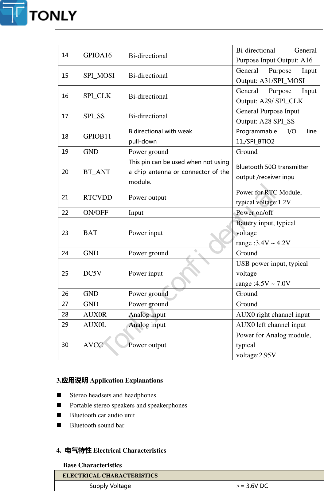  14 GPIOA16 Bi-directional Bi-directional  General Purpose Input Output: A16 15 SPI_MOSI Bi-directional General  Purpose  Input Output: A31/SPI_MOSI 16 SPI_CLK Bi-directional General  Purpose  Input Output: A29/ SPI_CLK 17 SPI_SS Bi-directional General Purpose Input Output: A28 SPI_SS 18 GPIOB11 Bidirectional with weak pull-down Programmable  I/O  line 11./SPI_BTIO2 19 GND Power ground Ground 20 BT_ANT This pin can be used when not using a chip antenna or connector of the module. Bluetooth 50Ω transmitter output /receiver inpu 21 RTCVDD Power output Power for RTC Module, typical voltage:1.2V 22 ON/OFF Input Power on/off 23 BAT Power input Battery input, typical voltage range :3.4V ~ 4.2V 24 GND Power ground Ground 25 DC5V Power input USB power input, typical voltage range :4.5V ~ 7.0V 26 GND Power ground Ground 27 GND Power ground Ground 28 AUX0R Analog input AUX0 right channel input 29 AUX0L Analog input AUX0 left channel input 30 AVCC Power output Power for Analog module, typical voltage:2.95V  3.应用说明 Application Explanations  Stereo headsets and headphones  Portable stereo speakers and speakerphones  Bluetooth car audio unit  Bluetooth sound bar  4. 电气特性 Electrical Characteristics   Base Characteristics ELECTRICAL CHARACTERISTICS  Supply Voltage &gt;= 3.6V DC Tonly confidential