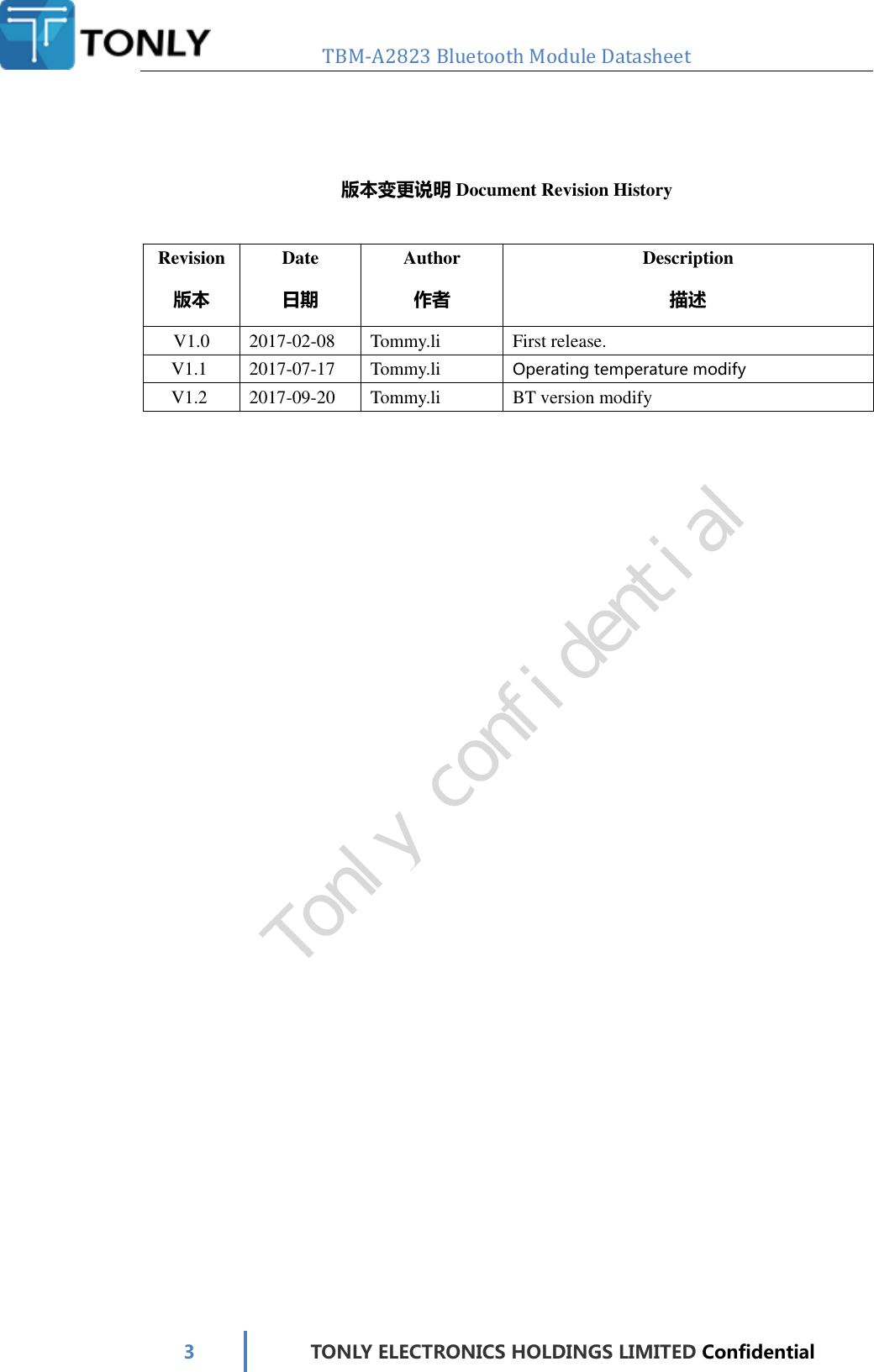   TBM-A2823 Bluetooth Module Datasheet   3 TONLY ELECTRONICS HOLDINGS LIMITED Confidential    版本变更说明 Document Revision History  Revision 版本 Date 日期 Author 作者 Description 描述 V1.0 2017-02-08  Tommy.li  First release.   V1.1 2017-07-17  Tommy.li  Operating temperature modify   V1.2 2017-09-20  Tommy.li  BT version modify                                  Tonly confidential