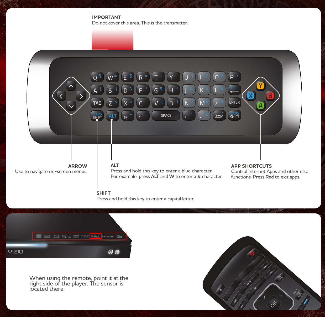 IMPORTANT Do not cover this area. This is the transmitter.A LT  Press and hold this key to enter a blue character. For example, press A LT  and W to enter a # character.SHIFT Press and hold this key to enter a capital letter.ARROW Use to navigate on-screen menus.APP SHORTCUTS Control Internet Apps and other disc functions. Press Red to exit apps.When using the remote, point it at the right side of the player. The sensor is located there.