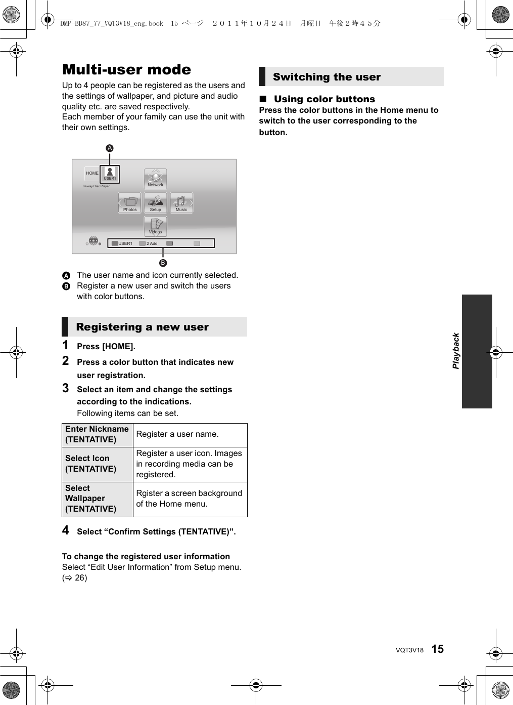 15VQT3V18Multi-user modeUp to 4 people can be registered as the users and the settings of wallpaper, and picture and audio quality etc. are saved respectively.Each member of your family can use the unit with their own settings.AThe user name and icon currently selected.BRegister a new user and switch the users with color buttons.1Press [HOME].2Press a color button that indicates new user registration.3Select an item and change the settings according to the indications.Following items can be set.4Select “Confirm Settings (TENTATIVE)”.To change the registered user informationSelect “Edit User Information” from Setup menu. (&gt;26)∫Using color buttonsPress the color buttons in the Home menu to switch to the user corresponding to the button.Registering a new userEnter Nickname(TENTATIVE) Register a user name.Select Icon(TENTATIVE)Register a user icon. Images in recording media can be registered.Select Wallpaper(TENTATIVE)Rgister a screen background of the Home menu.VideosMusicPhotos SetupNetworkHOMEBlu-ray Disc PlayerUSER1 2 AddUSER1ABSwitching the userPlaybackDMP-BD87_77_VQT3V18_eng.book  15 ページ  ２０１１年１０月２４日　月曜日　午後２時４５分