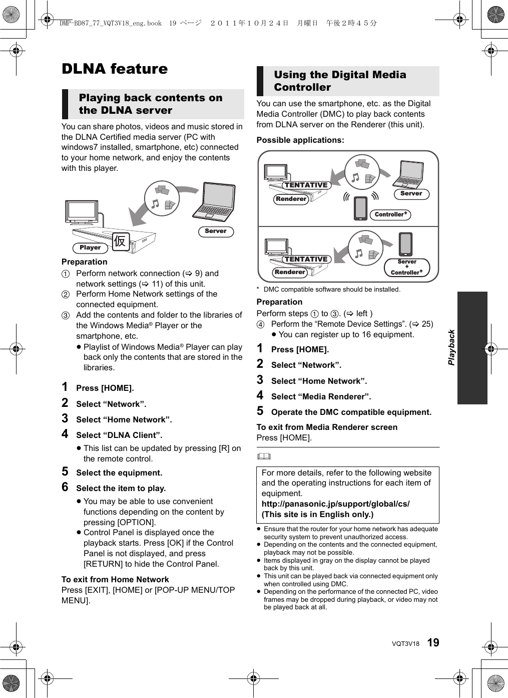 19VQT3V18DLNA featureYou can share photos, videos and music stored in the DLNA Certified media server (PC with windows7 installed, smartphone, etc) connected to your home network, and enjoy the contents with this player.Preparation1Perform network connection (&gt;9) and network settings (&gt;11) of this unit. 2Perform Home Network settings of the connected equipment.3Add the contents and folder to the libraries of the Windows Media® Player or the smartphone, etc.≥Playlist of Windows Media® Player can play back only the contents that are stored in the libraries.1Press [HOME].2Select “Network”.3Select “Home Network”.4Select “DLNA Client”.≥This list can be updated by pressing [R] on the remote control.5Select the equipment.6Select the item to play.≥You may be able to use convenient functions depending on the content by pressing [OPTION].≥Control Panel is displayed once the playback starts. Press [OK] if the Control Panel is not displayed, and press [RETURN] to hide the Control Panel.To exit from Home NetworkPress [EXIT], [HOME] or [POP-UP MENU/TOP MENU].You can use the smartphone, etc. as the Digital Media Controller (DMC) to play back contents from DLNA server on the Renderer (this unit).Possible applications:* DMC compatible software should be installed.PreparationPerform steps 1 to 3. (&gt;left )4Perform the “Remote Device Settings”. (&gt;25)≥You can register up to 16 equipment.1Press [HOME].2Select “Network”.3Select “Home Network”.4Select “Media Renderer”.5Operate the DMC compatible equipment.To exit from Media Renderer screenPress [HOME].≥Ensure that the router for your home network has adequate security system to prevent unauthorized access.≥Depending on the contents and the connected equipment, playback may not be possible.≥Items displayed in gray on the display cannot be played back by this unit.≥This unit can be played back via connected equipment only when controlled using DMC.≥Depending on the performance of the connected PC, video frames may be dropped during playback, or video may not be played back at all.Playing back contents on the DLNA serverPlayerServer઒Using the Digital Media ControllerFor more details, refer to the following website and the operating instructions for each item of equipment.http://panasonic.jp/support/global/cs/(This site is in English only.)RendererRendererServerServer+Controller*Controller*TENTATIVETENTATIVEPlaybackDMP-BD87_77_VQT3V18_eng.book  19 ページ  ２０１１年１０月２４日　月曜日　午後２時４５分