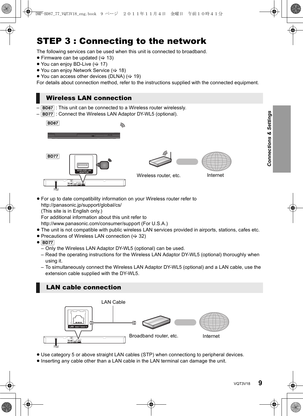 9VQT3V18STEP 3 : Connecting to the networkThe following services can be used when this unit is connected to broadband.≥Firmware can be updated (&gt;13)≥You can enjoy BD-Live (&gt;17)≥You can enjoy Network Service (&gt;18)≥You can access other devices (DLNA) (&gt;19)For details about connection method, refer to the instructions supplied with the connected equipment.–[BD87] : This unit can be connected to a Wireless router wirelessly.–[BD77] : Connect the Wireless LAN Adaptor DY-WL5 (optional).≥For up to date compatibility information on your Wireless router refer tohttp://panasonic.jp/support/global/cs/(This site is in English only.)For additional information about this unit refer to http://www.panasonic.com/consumer/support (For U.S.A.)≥The unit is not compatible with public wireless LAN services provided in airports, stations, cafes etc.≥Precautions of Wireless LAN connection (&gt;32)≥[BD77]– Only the Wireless LAN Adaptor DY-WL5 (optional) can be used.– Read the operating instructions for the Wireless LAN Adaptor DY-WL5 (optional) thoroughly when using it.– To simultaneously connect the Wireless LAN Adaptor DY-WL5 (optional) and a LAN cable, use the extension cable supplied with the DY-WL5.≥Use category 5 or above straight LAN cables (STP) when connectiong to peripheral devices.≥Inserting any cable other than a LAN cable in the LAN terminal can damage the unit.Wireless LAN connectionLAN cable connectionWireless router, etc. Internet[BD87][BD77]LAN CableInternetBroadband router, etc.Connections &amp; SettingsDMP-BD87_77_VQT3V18_eng.book  9 ページ  ２０１１年１１月４日　金曜日　午前１０時４１分