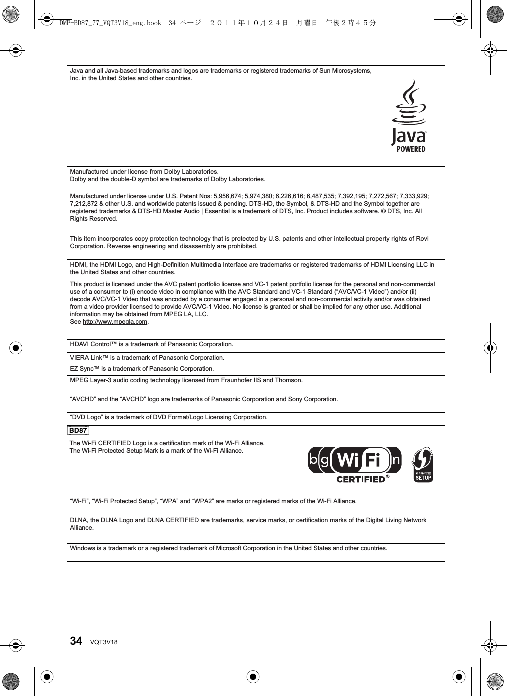 34 VQT3V18[BD87]Java and all Java-based trademarks and logos are trademarks or registered trademarks of Sun Microsystems, Inc. in the United States and other countries.Manufactured under license from Dolby Laboratories.Dolby and the double-D symbol are trademarks of Dolby Laboratories.Manufactured under license under U.S. Patent Nos: 5,956,674; 5,974,380; 6,226,616; 6,487,535; 7,392,195; 7,272,567; 7,333,929; 7,212,872 &amp; other U.S. and worldwide patents issued &amp; pending. DTS-HD, the Symbol, &amp; DTS-HD and the Symbol together are registered trademarks &amp; DTS-HD Master Audio | Essential is a trademark of DTS, Inc. Product includes software. © DTS, Inc. All Rights Reserved.This item incorporates copy protection technology that is protected by U.S. patents and other intellectual property rights of Rovi Corporation. Reverse engineering and disassembly are prohibited.HDMI, the HDMI Logo, and High-Definition Multimedia Interface are trademarks or registered trademarks of HDMI Licensing LLC in the United States and other countries.This product is licensed under the AVC patent portfolio license and VC-1 patent portfolio license for the personal and non-commercial use of a consumer to (i) encode video in compliance with the AVC Standard and VC-1 Standard (“AVC/VC-1 Video”) and/or (ii) decode AVC/VC-1 Video that was encoded by a consumer engaged in a personal and non-commercial activity and/or was obtained from a video provider licensed to provide AVC/VC-1 Video. No license is granted or shall be implied for any other use. Additional information may be obtained from MPEG LA, LLC.See http://www.mpegla.com.HDAVI Control™ is a trademark of Panasonic Corporation.VIERA Link™ is a trademark of Panasonic Corporation.EZ Sync™ is a trademark of Panasonic Corporation.MPEG Layer-3 audio coding technology licensed from Fraunhofer IIS and Thomson.“AVCHD” and the “AVCHD” logo are trademarks of Panasonic Corporation and Sony Corporation.“DVD Logo” is a trademark of DVD Format/Logo Licensing Corporation.The Wi-Fi CERTIFIED Logo is a certification mark of the Wi-Fi Alliance.The Wi-Fi Protected Setup Mark is a mark of the Wi-Fi Alliance.“Wi-Fi”, “Wi-Fi Protected Setup”, “WPA” and “WPA2” are marks or registered marks of the Wi-Fi Alliance.DLNA, the DLNA Logo and DLNA CERTIFIED are trademarks, service marks, or certification marks of the Digital Living Network Alliance.Windows is a trademark or a registered trademark of Microsoft Corporation in the United States and other countries.DMP-BD87_77_VQT3V18_eng.book  34 ページ  ２０１１年１０月２４日　月曜日　午後２時４５分