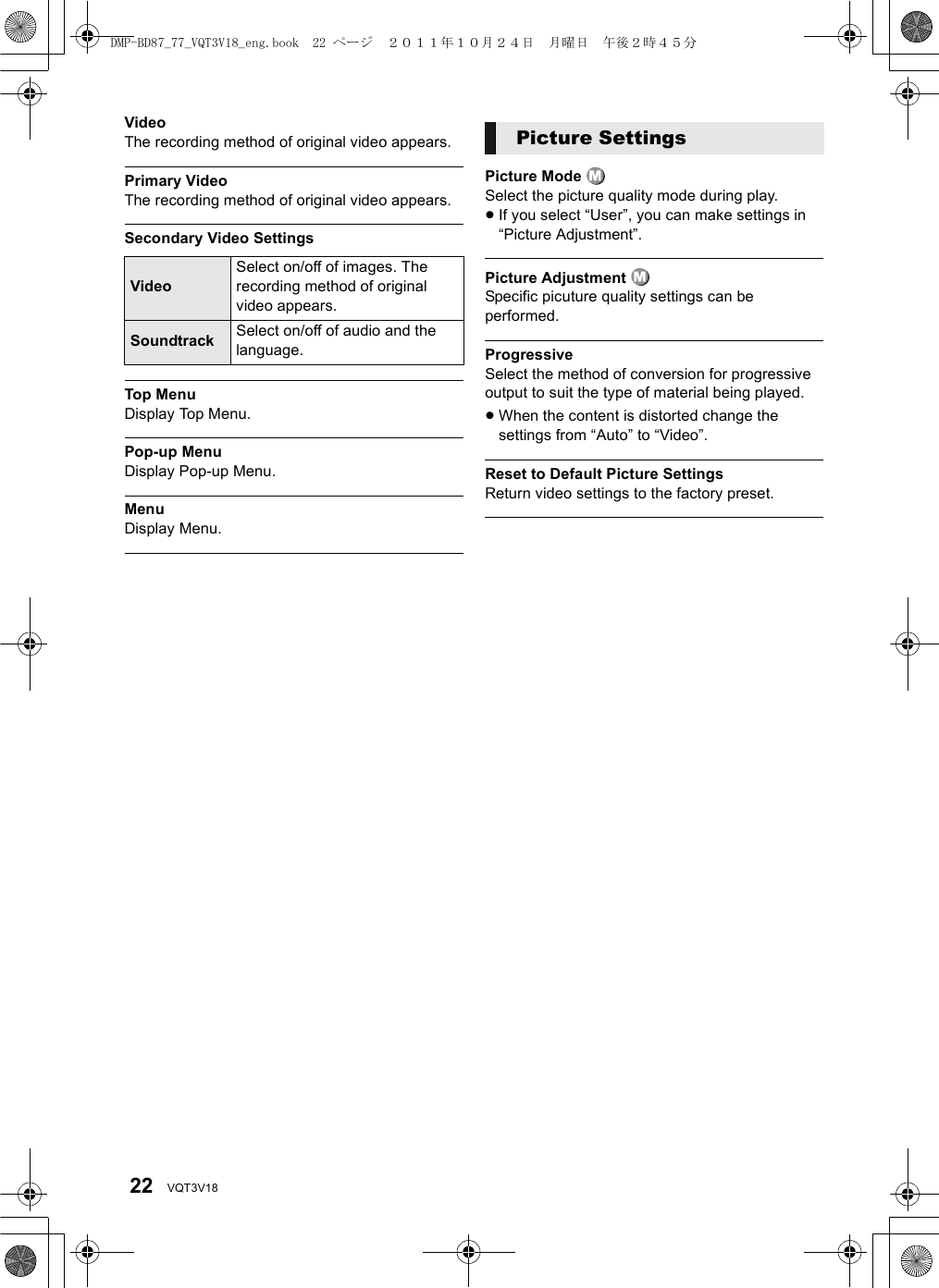 22 VQT3V18VideoThe recording method of original video appears.Primary VideoThe recording method of original video appears.Secondary Video SettingsTop MenuDisplay Top Menu.Pop-up MenuDisplay Pop-up Menu.MenuDisplay Menu.Picture Mode Select the picture quality mode during play.≥If you select “User”, you can make settings in “Picture Adjustment”. Picture Adjustment Specific picuture quality settings can be performed.ProgressiveSelect the method of conversion for progressive output to suit the type of material being played.≥When the content is distorted change the settings from “Auto” to “Video”.Reset to Default Picture SettingsReturn video settings to the factory preset.VideoSelect on/off of images. The recording method of original video appears.Soundtrack Select on/off of audio and the language.Picture SettingsDMP-BD87_77_VQT3V18_eng.book  22 ページ  ２０１１年１０月２４日　月曜日　午後２時４５分