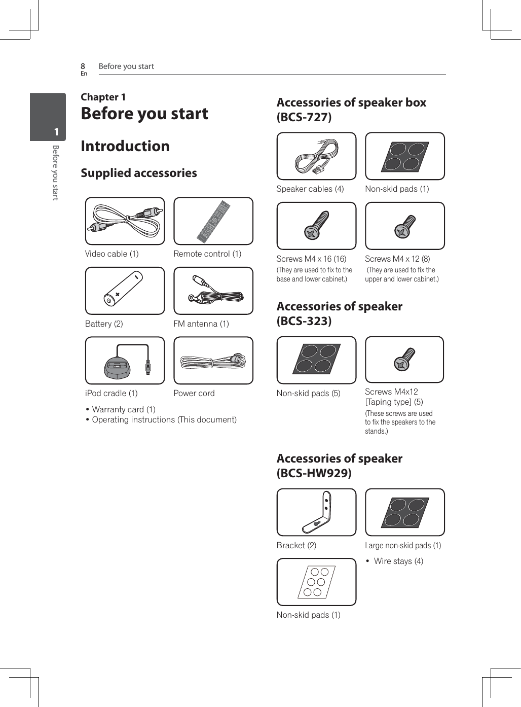 Before you start8EnBefore you start1Chapter 1Before you startIntroductionSupplied accessoriesVideo cable (1) Remote control (1)Battery (2) FM antenna (1)iPod cradle (1) Power cord:DUUDQW\FDUG2SHUDWLQJLQVWUXFWLRQV7KLVGRFXPHQWAccessories of speaker box (BCS-727)Speaker cables (4) Non-skid pads (1)Screws M4 x 16 (16)(They are used to fix to the base and lower cabinet.)Screws M4 x 12 (8) (They are used to fix the upper and lower cabinet.)Accessories of speaker (BCS-323)Non-skid pads (5) Screws M4x12 [Taping type] (5)(These screws are used to fix the speakers to the stands.)Accessories of speaker (BCS-HW929)Bracket (2)Large non-skid pads (1)Non-skid pads (1) :LUHVWD\V