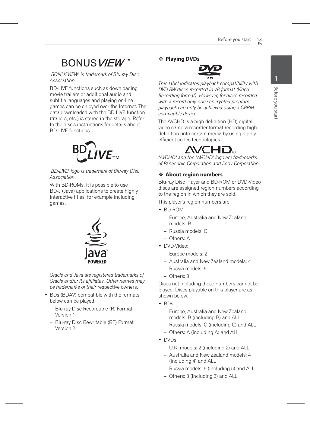 Before you start 13EnBefore you start1&quot;BONUSVIEW&quot; is trademark of Blu-ray Disc Association.BD-LIVE functions such as downloading movie trailers or additional audio and subtitle languages and playing on-line games can be enjoyed over the Internet. The data downloaded with the BD-LIVE function (trailers, etc.) is stored in the storage. Refer to the disc&apos;s instructions for details about BD-LIVE functions.&quot;BD-LIVE&quot; logo is trademark of Blu-ray Disc Association.:LWK%&apos;520VLWLVSRVVLEOHWRXVHBD-J (Java) applications to create highly interactive titles, for example including games.Oracle and Java are registered trademarks of Oracle and/or its afﬁliates. Other names may be trademarks of their respective owners. BDs (BDAV) compatible with the formats below can be played.– Blu-ray Disc Recordable (R) Format Version 1– Blu-ray Disc Rewritable (RE) Format Version 2Playing DVDsThis label indicates playback compatibility with DVD-RW discs recorded in VR format (Video Recording format). However, for discs recorded with a record-only-once encrypted program, playback can only be achieved using a CPRM compatible device.The AVCHD is a high definition (HD) digital video camera recorder format recording high-definition onto certain media by using highly efficient codec technologies.&quot;AVCHD&quot; and the &quot;AVCHD&quot; logo are trademarks of Panasonic Corporation and Sony Corporation.About region numbersBlu-ray Disc Player and BD-ROM or DVD-Video discs are assigned region numbers according to the region in which they are sold.This player&apos;s region numbers are: BD-ROM: – Europe, Australia and New Zealand models: B– Russia models: C– Others: A DVD-Video: – Europe models: 2– Australia and New Zealand models: 4– Russia models: 5– Others: 3Discs not including these numbers cannot be played. Discs playable on this player are as shown below. BDs:– Europe, Australia and New Zealand models: B (including B) and ALL– Russia models: C (including C) and ALL– Others: A (including A) and ALL DVDs:– U.K. models: 2 (including 2) and ALL– Australia and New Zealand models: 4 (including 4) and ALL– Russia models: 5 (including 5) and ALL– Others: 3 (including 3) and ALL