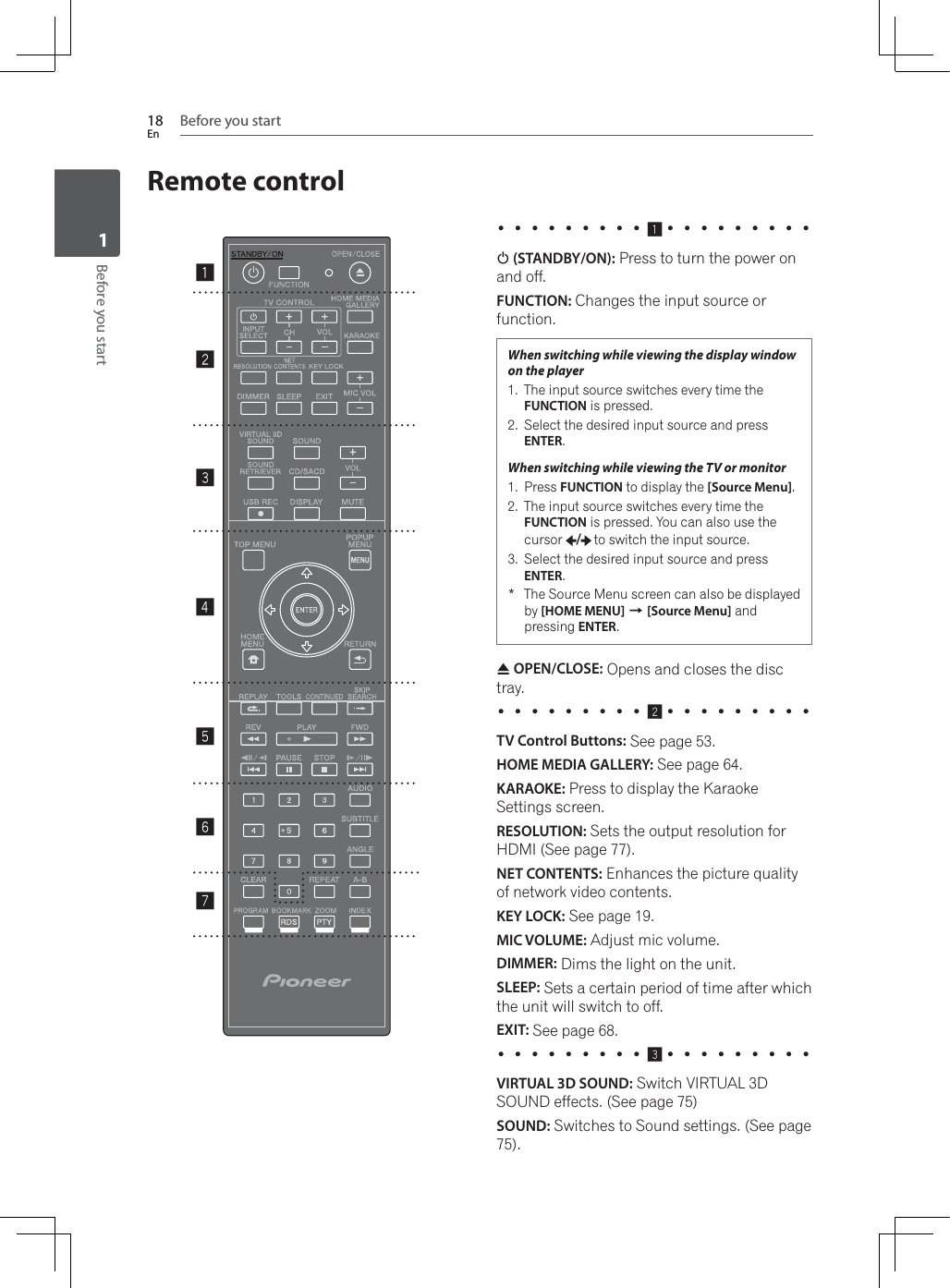 Before you start18EnBefore you start1Remote control1234567 1        1 (STANDBY/ON): Press to turn the power on and off.FUNCTION: Changes the input source or function.When switching while viewing the display window on the player1. The input source switches every time the FUNCTION is pressed.2. Select the desired input source and press ENTER.When switching while viewing the TV or monitor1. Press FUNCTION to display the [Source Menu].2. The input source switches every time the FUNCTION is pressed. You can also use the cursor /to switch the input source. 3. Select the desired input source and press ENTER.* The Source Menu screen can also be displayed by [HOME MENU] A[Source Menu] and pressing ENTER.$ OPEN/CLOSE: Opens and closes the disc tray. 2        TV Control Buttons: See page 53.HOME MEDIA GALLERY: See page 64.KARAOKE: Press to display the Karaoke Settings screen.RESOLUTION: Sets the output resolution for HDMI (See page 77).NET CONTENTS: Enhances the picture quality of network video contents.KEY LOCK: See page 19.MIC VOLUME: Adjust mic volume.DIMMER: Dims the light on the unit.SLEEP: Sets a certain period of time after which the unit will switch to off.EXIT: See page 68. 3        VIRTUAL 3D SOUND: Switch VIRTUAL 3D SOUND effects. (See page 75)SOUND: Switches to Sound settings. (See page 75).