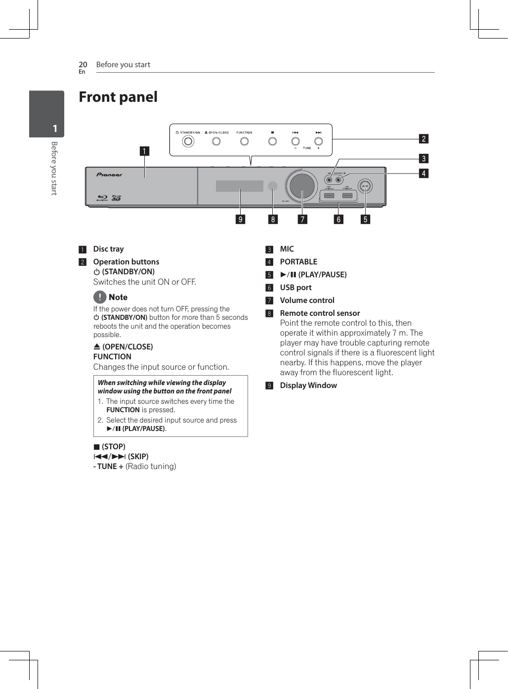 Before you start20EnBefore you start1Front panel12345789 61Disc tray2Operation buttons 1 (STANDBY/ON)Switches the unit ON or OFF.NoteIf the power does not turn OFF, pressing the 1(STANDBY/ON) button for more than 5 seconds reboots the unit and the operation becomes possible.$ (OPEN/CLOSE)FUNCTIONChanges the input source or function. When switching while viewing the display window using the button on the front panel1. The input source switches every time the FUNCTION is pressed.2. Select the desired input source and press &quot; (PLAY/PAUSE).# (STOP) +, (SKIP) - TUNE + (Radio tuning)3MIC4PORTABLE5&quot; (PLAY/PAUSE)6USB port7Volume control8Remote control sensorPoint the remote control to this, then operate it within approximately 7 m. The player may have trouble capturing remote control signals if there is a fluorescent light nearby. If this happens, move the player away from the fluorescent light.9Display Window 