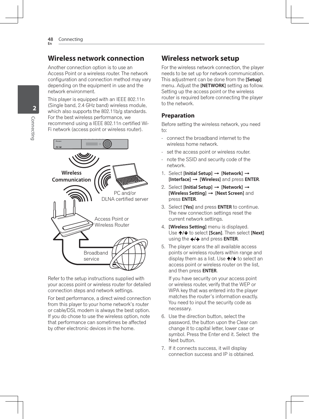 Connecting48EnConnecting2Wireless network connectionAnother connection option is to use an Access Point or a wireless router. The network configuration and connection method may vary depending on the equipment in use and the network environment.This player is equipped with an IEEE 802.11n (Single band, 2.4 GHz band) wireless module, which also supports the 802.11b/g standards. For the best wireless performance, we UHFRPPHQGXVLQJD,(((QFHUWLILHG:LFi network (access point or wireless router). WirelessCommunicationPC and/orDLNA certified serverAccess Point or :LUHOHVV5RXWHUBroadbandserviceRefer to the setup instructions supplied with your access point or wireless router for detailed connection steps and network settings.For best performance, a direct wired connection from this player to your home network’s router or cable/DSL modem is always the best option. If you do chose to use the wireless option, note that performance can sometimes be affected by other electronic devices in the home.Wireless network setupFor the wireless network connection, the player needs to be set up for network communication. This adjustment can be done from the [Setup]menu. Adjust the [NETWORK] setting as follow. Setting up the access point or the wireless router is required before connecting the player to the network.PreparationBefore setting the wireless network, you need to:- connect the broadband internet to the wireless home network.- set the access point or wireless router.- note the SSID and security code of the network.1. Select [Initial Setup] A[Network] A[Interface] A[Wireless] and press ENTER.2. Select [Initial Setup] A[Network] A[Wireless Setting] A[Next Screen] and press ENTER.3. Select [Yes] and press ENTER to continue. The new connection settings reset the current network settings.4. [Wireless Setting] menu is displayed. Use / to select [Scan]. Then select [Next] using the  / and press ENTER.5. The player scans the all available access points or wireless routers within range and display them as a list. Use  / to select an access point or wireless router on the list, and then press ENTER.If you have security on your access point RUZLUHOHVVURXWHUYHULI\WKDWWKH:(3RU:3$NH\WKDWZDVHQWHUHGLQWRWKHSOD\HUmatches the router’s information exactly. You need to input the security code as necessary.6. Use the direction button, select the password, the button upon the Clear can change it to capital letter, lower case or symbol. Press the Enter end it. Select  the Next button.7. If it connects success, it will display connection success and IP is obtained.
