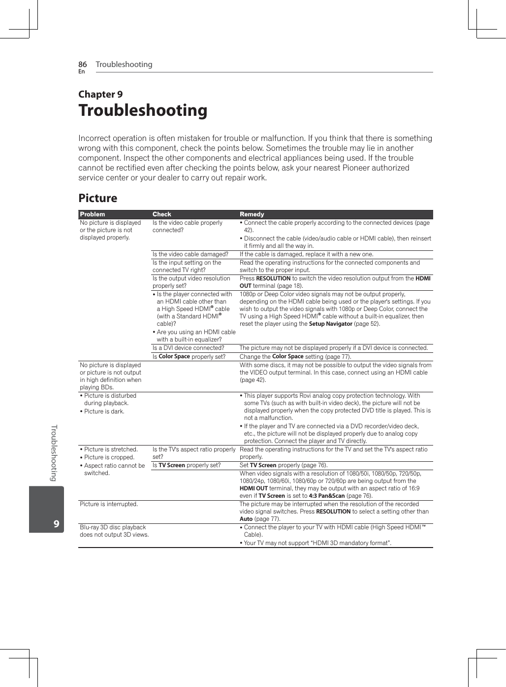 Troubleshooting86EnTroubleshooting9Chapter 9TroubleshootingIncorrect operation is often mistaken for trouble or malfunction. If you think that there is something wrong with this component, check the points below. Sometimes the trouble may lie in another component. Inspect the other components and electrical appliances being used. If the trouble cannot be rectified even after checking the points below, ask your nearest Pioneer authorized service center or your dealer to carry out repair work.PictureProblem Check RemedyNo picture is displayed or the picture is not displayed properly.Is the video cable properly connected?yConnect the cable properly according to the connected devices (page 42).yDisconnect the cable (video/audio cable or HDMI cable), then reinsert it firmly and all the way in.Is the video cable damaged? If the cable is damaged, replace it with a new one.Is the input setting on the connected TV right?Read the operating instructions for the connected components and switch to the proper input.Is the output video resolution properly set? Press RESOLUTION to switch the video resolution output from the HDMIOUT terminal (page 18).yIs the player connected with an HDMI cable other than a High Speed HDMI® cable (with a Standard HDMI®cable)?yAre you using an HDMI cable with a built-in equalizer?1080p or Deep Color video signals may not be output properly, depending on the HDMI cable being used or the player&apos;s settings. If you wish to output the video signals with 1080p or Deep Color, connect the TV using a High Speed HDMI® cable without a built-in equalizer, then reset the player using the Setup Navigator (page 52).Is a DVI device connected? The picture may not be displayed properly if a DVI device is connected.Is Color Space properly set? Change the Color Space setting (page 77).No picture is displayed or picture is not output in high definition when playing BDs.:LWKVRPHGLVFVLWPD\QRWEHSRVVLEOHWRRXWSXWWKHYLGHRVLJQDOVIURPthe VIDEO output terminal. In this case, connect using an HDMI cable (page 42).yPicture is disturbed during playback.yPicture is dark.y7KLVSOD\HUVXSSRUWV5RYLDQDORJFRS\SURWHFWLRQWHFKQRORJ\:LWKsome TVs (such as with built-in video deck), the picture will not be displayed properly when the copy protected DVD title is played. This is not a malfunction.yIf the player and TV are connected via a DVD recorder/video deck, etc., the picture will not be displayed properly due to analog copy protection. Connect the player and TV directly.yPicture is stretched.yPicture is cropped.yAspect ratio cannot be switched.Is the TV&apos;s aspect ratio properly set?Read the operating instructions for the TV and set the TV&apos;s aspect ratio properly.Is TV Screen properly set? Set TV Screen properly (page 76).:KHQYLGHRVLJQDOVZLWKDUHVROXWLRQRILSS1080/24p, 1080/60i, 1080/60p or 720/60p are being output from the HDMI OUT terminal, they may be output with an aspect ratio of 16:9 even if TV Screen is set to 4:3 Pan&amp;Scan (page 76).Picture is interrupted. The picture may be interrupted when the resolution of the recorded video signal switches. Press RESOLUTION to select a setting other than Auto (page 77).Blu-ray 3D disc playback does not output 3D views.yConnect the player to your TV with HDMI cable (High Speed HDMI™ Cable).yYour TV may not support “HDMI 3D mandatory format”.