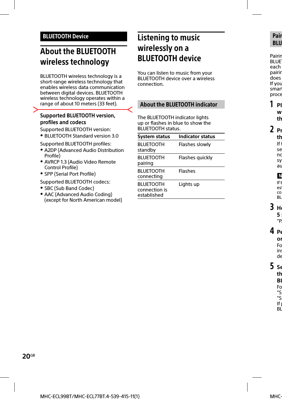 20GBMHC-MHC-ECL99BT/MHC-ECL77BT.4-539-415-11(1) BLUETOOTH  DeviceAbout the BLUETOOTH wireless technologyBLUETOOTH wireless technology is a short-range wireless technology that enables wireless data communication between digital devices. BLUETOOTH wireless technology operates within a range of about 10 meters (33 feet).Supported BLUETOOTH version, profiles and codecsSupported BLUETOOTH version: BLUETOOTH Standard version 3.0Supported BLUETOOTH profiles: A2DP (Advanced Audio Distribution Profile) AVRCP 1.3 (Audio Video Remote Control Profile) SPP (Serial Port Profile)Supported BLUETOOTH codecs: SBC (Sub Band Codec) AAC (Advanced Audio Coding) (except for North American model)Listening to music wirelessly on a BLUETOOTH deviceYou can listen to music from your BLUETOOTH device over a wireless connection. About the BLUETOOTH indicatorThe BLUETOOTH indicator lights up or flashes in blue to show the BLUETOOTH status.System status Indicator statusBLUETOOTH standbyFlashes slowlyBLUETOOTH pairingFlashes quicklyBLUETOOTH connectingFlashesBLUETOOTH connection is establishedLights up PairBLUPairinBLUETeach pairindoes If yousmartproce1 Plwth2  PrthIf tsenosyauNIf testcoBL3 Ho5s“PA4 PeonFoinsde5 SethBLFo“S“SIf pBL