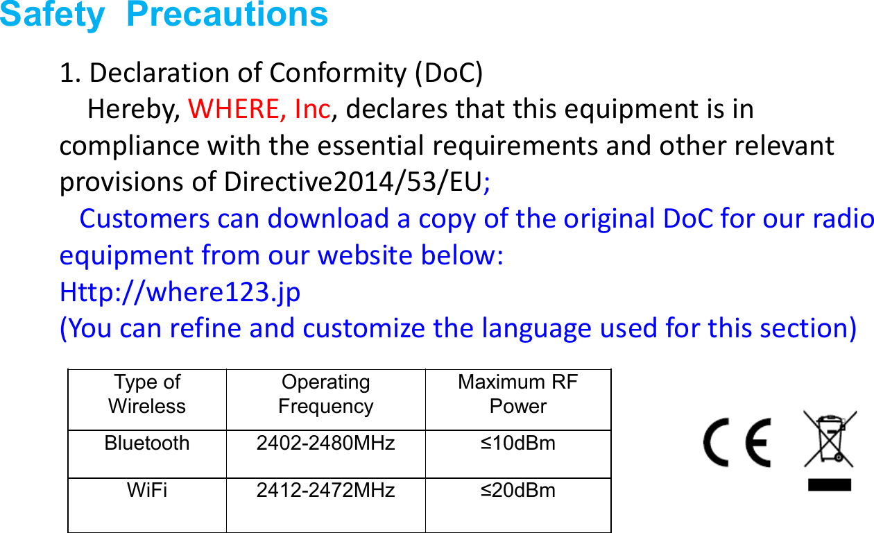 Safety  Precautions1. Declaration of Conformity (DoC)Hereby, WHERE, Inc, declares that this equipment is in compliance with the essential requirements and other relevant provisions of Directive2014/53/EU;Customers can download a copy of the original DoC for our radio equipment from our website below:Http://where123.jp(You can refine and customize the language used for this section) Type of WirelessOperating FrequencyMaximum RF PowerBluetooth 2402-2480MHz ≤10dBmWiFi 2412-2472MHz ≤20dBm