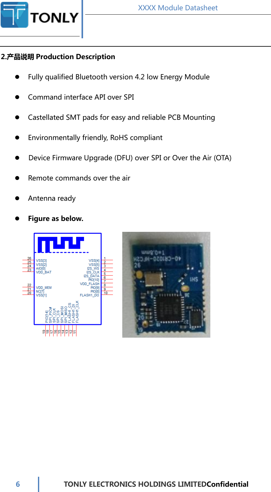  XXXX Module Datasheet  6  TONLY ELECTRONICS HOLDINGS LIMITEDConfidential  2.产品说明 Production Description  Fully qualified Bluetooth version 4.2 low Energy Module  Command interface API over SPI  Castellated SMT pads for easy and reliable PCB Mounting  Environmentally friendly, RoHS compliant  Device Firmware Upgrade (DFU) over SPI or Over the Air (OTA)  Remote commands over the air  Antenna ready  Figure as below.               