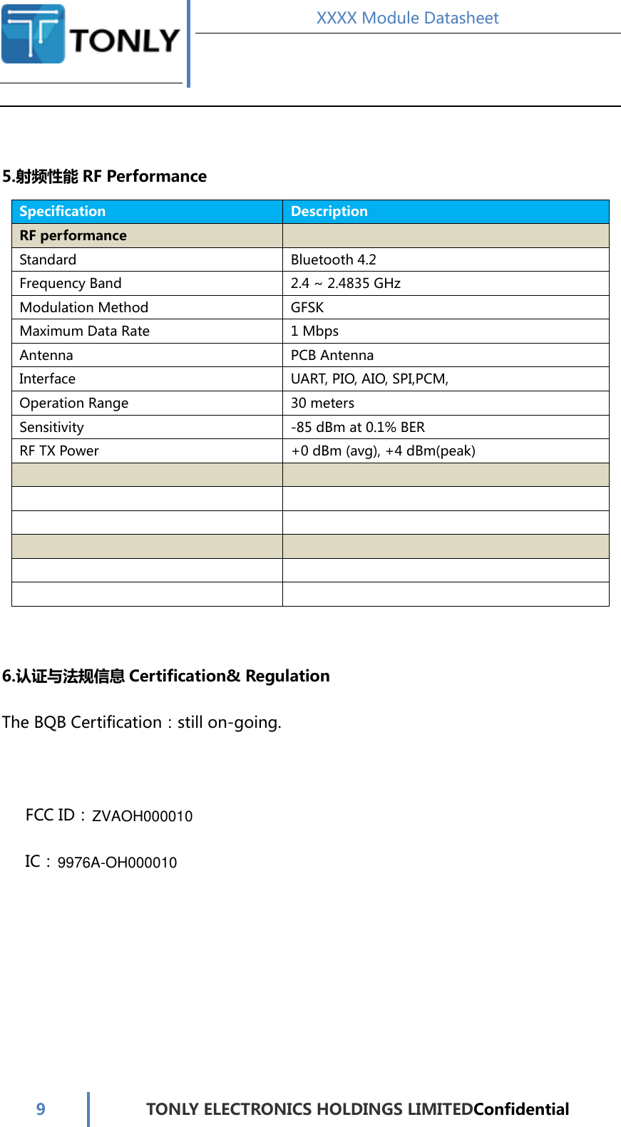 IC  XXXX Module Datasheet  9  TONLY ELECTRONICS HOLDINGS LIMITEDConfidential   5.射频性能 RF Performance Specification Description RF performance   Standard  Bluetooth 4.2 Frequency Band  2.4 ~ 2.4835 GHz Modulation Method  GFSK Maximum Data Rate  1 Mbps Antenna  PCB Antenna Interface  UART, PIO, AIO, SPI,PCM, Operation Range  30 meters Sensitivity  -85 dBm at 0.1% BER RF TX Power  +0 dBm (avg), +4 dBm(peak)                   6.认证与法规信息 Certification&amp; Regulation The BQB Certification：still on-going.         FCC ID：     ：         ZVAOH0000109976A-OH000010