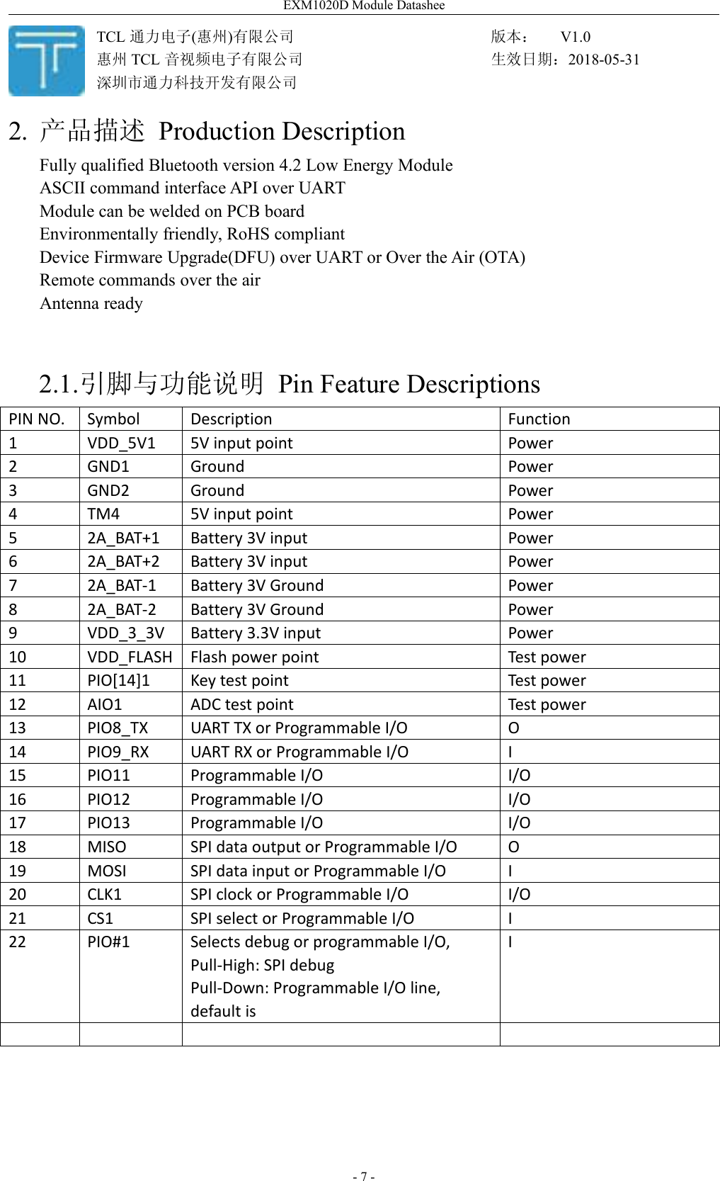 EXM1020D Module Datashee- 7 -2. 产品描述 Production DescriptionFully qualified Bluetooth version 4.2 Low Energy ModuleASCII command interface API over UARTModule can be welded on PCB boardEnvironmentally friendly, RoHS compliantDevice Firmware Upgrade(DFU) over UART or Over the Air (OTA)Remote commands over the airAntenna ready2.1.引脚与功能说明 Pin Feature DescriptionsPIN NO.SymbolDescriptionFunction1VDD_5V15V input pointPower2GND1GroundPower3GND2GroundPower4TM45V input pointPower52A_BAT+1Battery 3V inputPower62A_BAT+2Battery 3V inputPower72A_BAT-1Battery 3V GroundPower82A_BAT-2Battery 3V GroundPower9VDD_3_3VBattery 3.3V inputPower10VDD_FLASHFlash power pointTest power11PIO[14]1Key test pointTest power12AIO1ADC test pointTest power13PIO8_TXUART TX or Programmable I/OO14PIO9_RXUART RX or Programmable I/OI15PIO11Programmable I/OI/O16PIO12Programmable I/OI/O17PIO13Programmable I/OI/O18MISOSPI data output or Programmable I/OO19MOSISPI data input or Programmable I/OI20CLK1SPI clock or Programmable I/OI/O21CS1SPI select or Programmable I/OI22PIO#1Selects debug or programmable I/O,Pull-High: SPI debugPull-Down: Programmable I/O line,default isITCL 通力电子(惠州)有限公司惠州 TCL 音视频电子有限公司深圳市通力科技开发有限公司版本： V1.0生效日期：2018-05-31