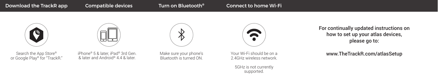 iPhone® 5 &amp; later, iPad® 3rd Gen.  &amp; later and Android® 4.4 &amp; later.Download the TrackR appSearch the App Store® or Google Play® for “TrackR.”Turn on Bluetooth®Make sure your phone’s  Bluetooth is turned ON.For continually updated instructions on how to set up your atlas devices, please go to:www.TheTrackR.com/atlasSetupConnect to home Wi-FiYour Wi-Fi should be on a 2.4GHz wireless network.5GHz is not currently supported.Compatible devices