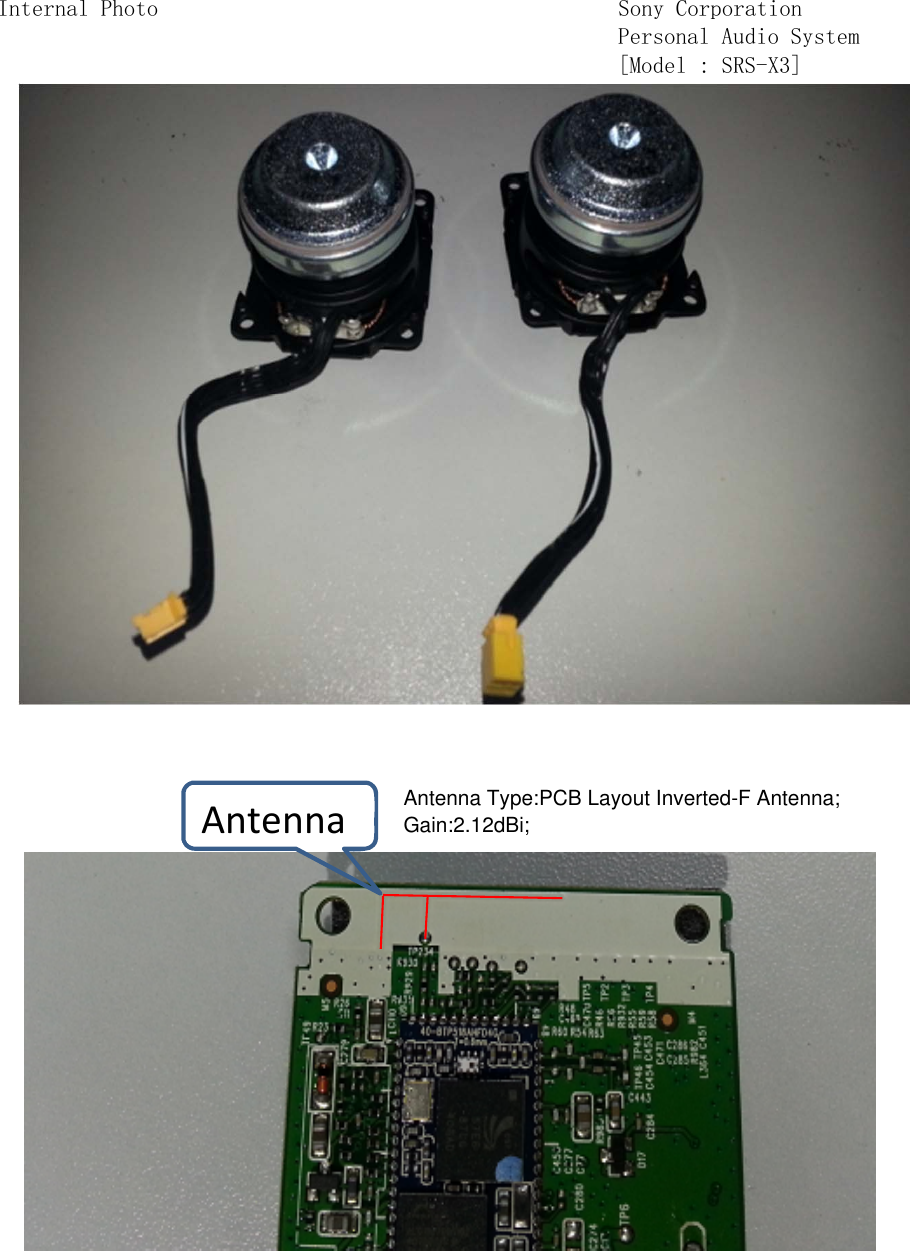 Internal Photo Sony CorporationPersonal Audio System[Model : SRS-X3]Antenna Antenna Type:PCB Layout Inverted-F Antenna;Gain:2.12dBi;