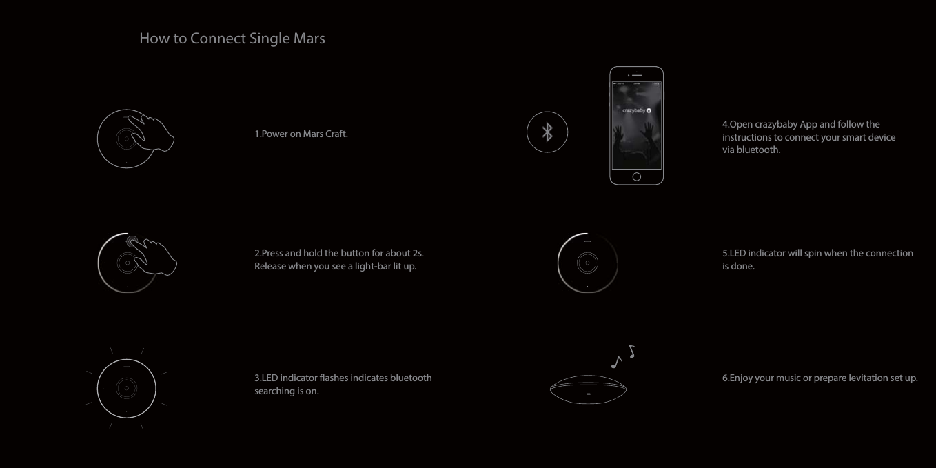 How to Connect Single Mars1.Power on Mars Craft. 3.LED indicator ashes indicates bluetooth searching is on. 2.Press and hold the button for about 2s. Release when you see a light-bar lit up. 4.Open crazybaby App and follow the instructions to connect your smart device via bluetooth.5.LED indicator will spin when the connection is done.6.Enjoy your music or prepare levitation set up.