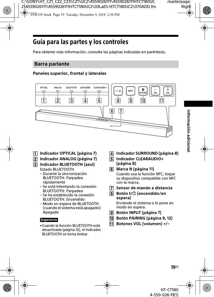 19ESHT-CT1804-559-026-11(1)C:\SONY\HT_CZ1_CZ2_CZ3\CZ1\UC2\4559026111\4559026111HTCT180UC2\4559026111\4559026111HTCT180UC2\03LaES-HTCT180UC2\070ADD.fmmasterpage:RightInformación adicionalGuía para las partes y los controlesPara obtener más información, consulte las páginas indicadas en paréntesis.Paneles superior, frontal y lateralesIndicador OPTICAL (página 7)Indicador ANALOG (página 7)Indicador BLUETOOTH (azul)Estado BLUETOOTH– Durante la sincronización BLUETOOTH: Parpadea rápidamente– Se está intentando la conexión BLUETOOTH: Parpadea– Se ha establecido la conexión BLUETOOTH: Encendido– Modo en espera de BLUETOOTH (cuando el sistema está apagado): Apagado•Cuando la función BLUETOOTH está desactivada (página 12), el indicador BLUETOOTH se torna ámbar.Indicador SURROUND (página 8)Indicador CLEARAUDIO+ (página 8)Marca N (página 11)Cuando usa la función NFC, toque su dispositivo compatible con NFC con la marca.Sensor de mando a distanciaBotón / (encendido/en espera)Enciende el sistema o lo pone en modo en espera.Botón INPUT (página 7)Botón PAIRING (página 9, 12)Botones VOL (volumen) +/–Barra parlanteSugerencia010COV.book  Page 19  Tuesday, December 9, 2014  2:36 PM