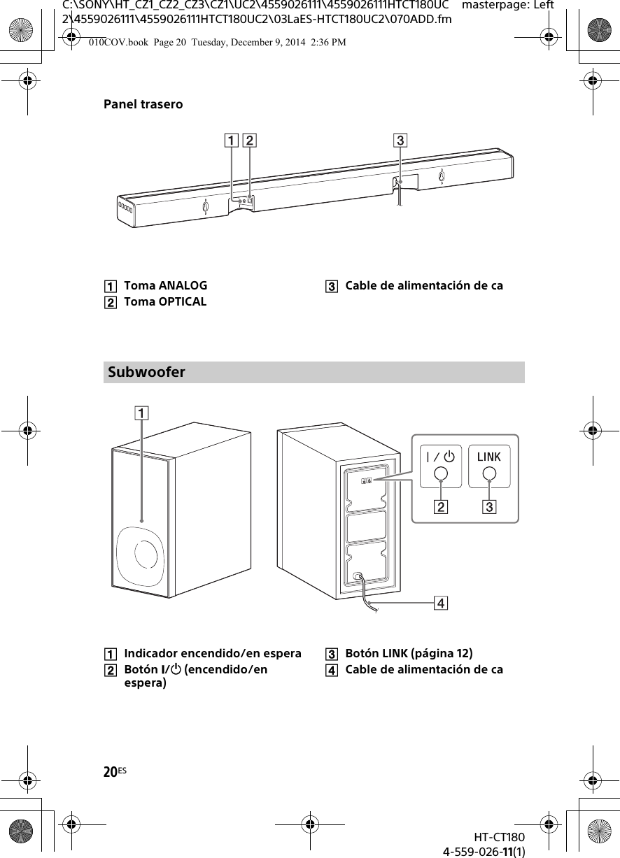 20ESHT-CT1804-559-026-11(1)C:\SONY\HT_CZ1_CZ2_CZ3\CZ1\UC2\4559026111\4559026111HTCT180UC2\4559026111\4559026111HTCT180UC2\03LaES-HTCT180UC2\070ADD.fmmasterpage: LeftPanel traseroToma ANALOGToma OPTICALCable de alimentación de caIndicador encendido/en esperaBotón / (encendido/en espera)Botón LINK (página 12)Cable de alimentación de caSubwoofer010COV.book  Page 20  Tuesday, December 9, 2014  2:36 PM