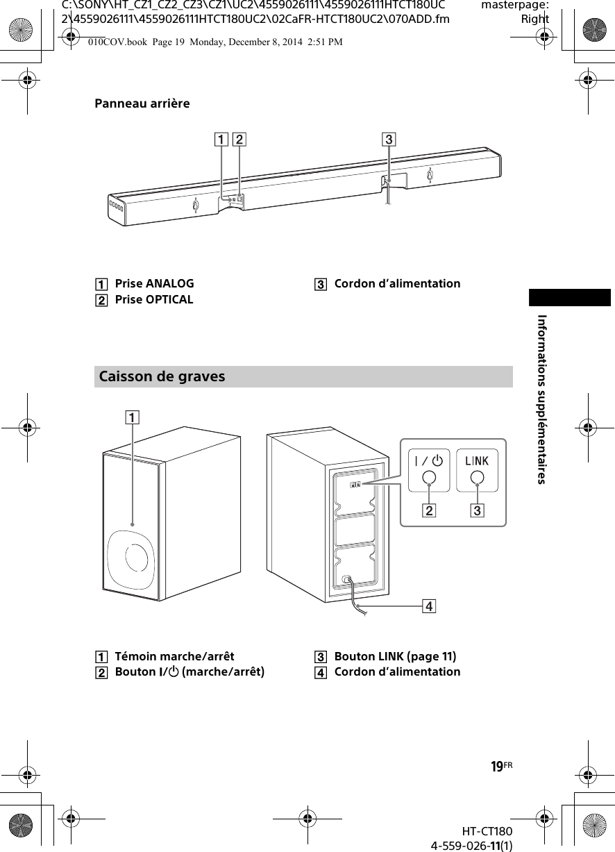 19FRHT-CT1804-559-026-11(1)C:\SONY\HT_CZ1_CZ2_CZ3\CZ1\UC2\4559026111\4559026111HTCT180UC2\4559026111\4559026111HTCT180UC2\02CaFR-HTCT180UC2\070ADD.fmmasterpage:RightInformations supplémentairesPanneau arrièrePrise ANALOGPrise OPTICALCordon d’alimentationTémoin marche/arrêtBouton / (marche/arrêt)Bouton LINK (page 11)Cordon d’alimentationCaisson de graves010COV.book  Page 19  Monday, December 8, 2014  2:51 PM