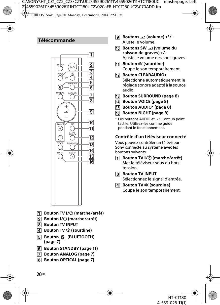 20FRHT-CT1804-559-026-11(1)C:\SONY\HT_CZ1_CZ2_CZ3\CZ1\UC2\4559026111\4559026111HTCT180UC2\4559026111\4559026111HTCT180UC2\02CaFR-HTCT180UC2\070ADD.fmmasterpage: LeftBouton TV / (marche/arrêt)Bouton / (marche/arrêt)Bouton TV INPUTBouton TV  (sourdine)Bouton  (BLUETOOTH) (page 7)Bouton STANDBY (page 11)Bouton ANALOG (page 7)Bouton OPTICAL (page 7)Boutons  (volume) +*/–Ajuste le volume.Boutons SW  (volume du caisson de graves) +/– Ajuste le volume des sons graves.Bouton  (sourdine)Coupe le son temporairement.Bouton CLEARAUDIO+Sélectionne automatiquement le réglage sonore adapté à la source audio.Bouton SURROUND (page 8)Bouton VOICE (page 8)Bouton AUDIO* (page 8)Bouton NIGHT (page 8)* Les boutons AUDIO et  + ont un point tactile. Utilisez-les comme guide pendant le fonctionnement.Contrôle d&apos;un téléviseur connectéVous pouvez contrôler un téléviseur Sony connecté au système avec les boutons suivants.Bouton TV / (marche/arrêt)Met le téléviseur sous ou hors tension.Bouton TV INPUTSélectionnez le signal d&apos;entrée.Bouton TV  (sourdine)Coupe le son temporairement.Télécommande010COV.book  Page 20  Monday, December 8, 2014  2:51 PM