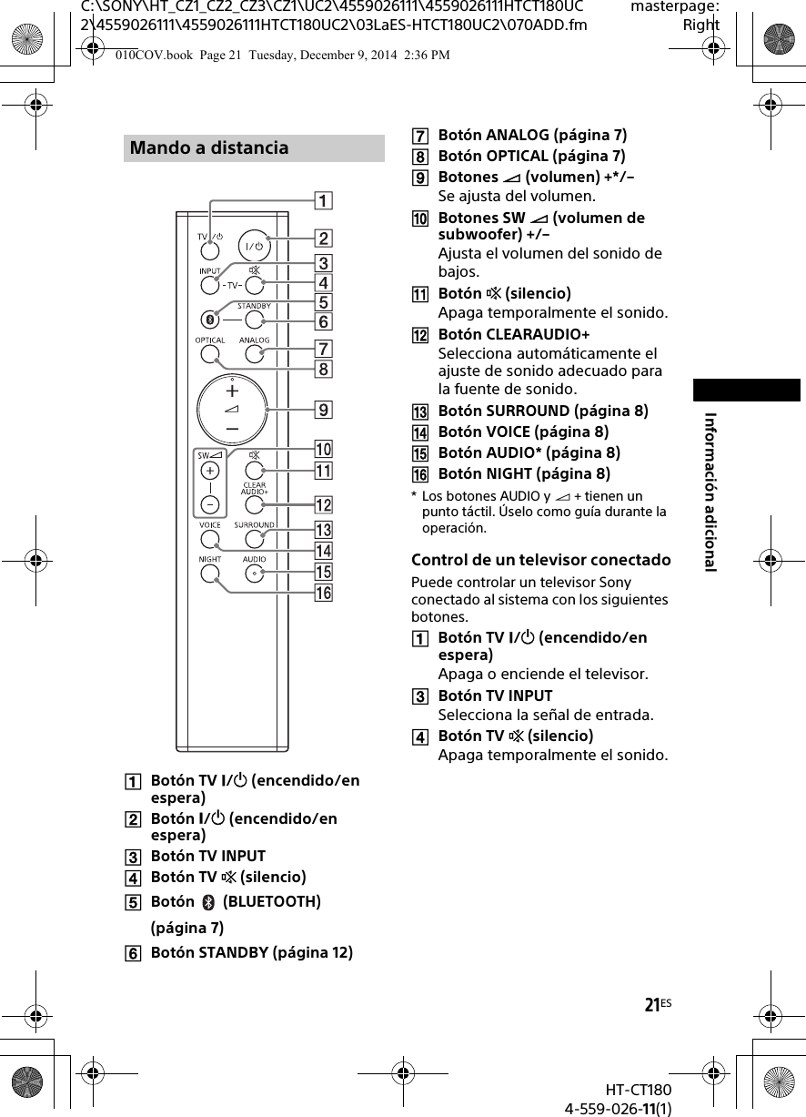 21ESHT-CT1804-559-026-11(1)C:\SONY\HT_CZ1_CZ2_CZ3\CZ1\UC2\4559026111\4559026111HTCT180UC2\4559026111\4559026111HTCT180UC2\03LaES-HTCT180UC2\070ADD.fmmasterpage:RightInformación adicionalBotón TV / (encendido/en espera)Botón / (encendido/en espera)Botón TV INPUTBotón TV  (silencio)Botón (BLUETOOTH) (página 7)Botón STANDBY (página 12)Botón ANALOG (página 7)Botón OPTICAL (página 7)Botones  (volumen) +*/–Se ajusta del volumen.Botones SW  (volumen de subwoofer) +/–Ajusta el volumen del sonido de bajos.Botón  (silencio)Apaga temporalmente el sonido.Botón CLEARAUDIO+Selecciona automáticamente el ajuste de sonido adecuado para la fuente de sonido.Botón SURROUND (página 8)Botón VOICE (página 8)Botón AUDIO* (página 8)Botón NIGHT (página 8)*Los botones AUDIO y  + tienen un punto táctil. Úselo como guía durante la operación.Control de un televisor conectadoPuede controlar un televisor Sony conectado al sistema con los siguientes botones.Botón TV / (encendido/en espera)Apaga o enciende el televisor.Botón TV INPUTSelecciona la señal de entrada.Botón TV  (silencio)Apaga temporalmente el sonido.Mando a distancia010COV.book  Page 21  Tuesday, December 9, 2014  2:36 PM