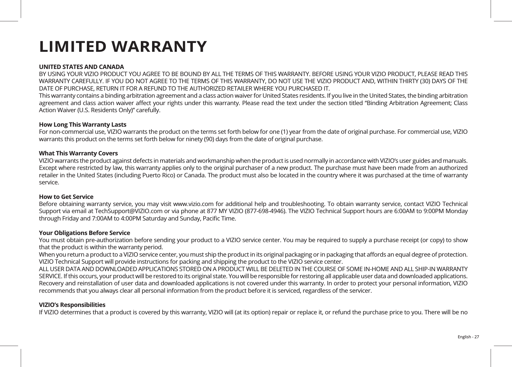 English - 27UNITED STATES AND CANADAHow Long This Warranty LastsWhat This Warranty CoversHow to Get ServiceYour Obligations Before ServiceVIZIO’s ResponsibilitiesLIMITED WARRANTY