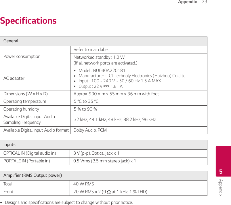 Appendix 23Appendix5SpecificationsGeneralPower consumptionRefer to main label.Networked standby : 1.0 W (If all network ports are activated.)AC adapter yModel : NU040A220181 yManufacturer : TCL Technoly Electronics (Huizhou) Co..,Ltd. yInput : 100 - 240 V ~ 50 / 60 Hz 1.5 A MAX yOutput : 22 V 0 1.81 ADimensions (W x H x D) Approx. 900 mm x 55 mm x 36 mm with footOperating temperature 5 °C to 35 °COperating humidity 5 % to 90 %Available Digital Input Audio Sampling Frequency 32 kHz, 44.1 kHz, 48 kHz, 88.2 kHz, 96 kHzAvailable Digital Input Audio format Dolby Audio, PCMInputsOPTICAL IN (Digital audio in) 3 V (p-p), Optical jack x 1PORTALE IN (Portable in) 0.5 Vrms (3.5 mm stereo jack) x 1Amplier (RMS Output power)Total 40 W RMSFront  20 W RMS x 2 (9 Ω at 1 kHz, 1 % THD) yDesigns and specications are subject to change without prior notice.