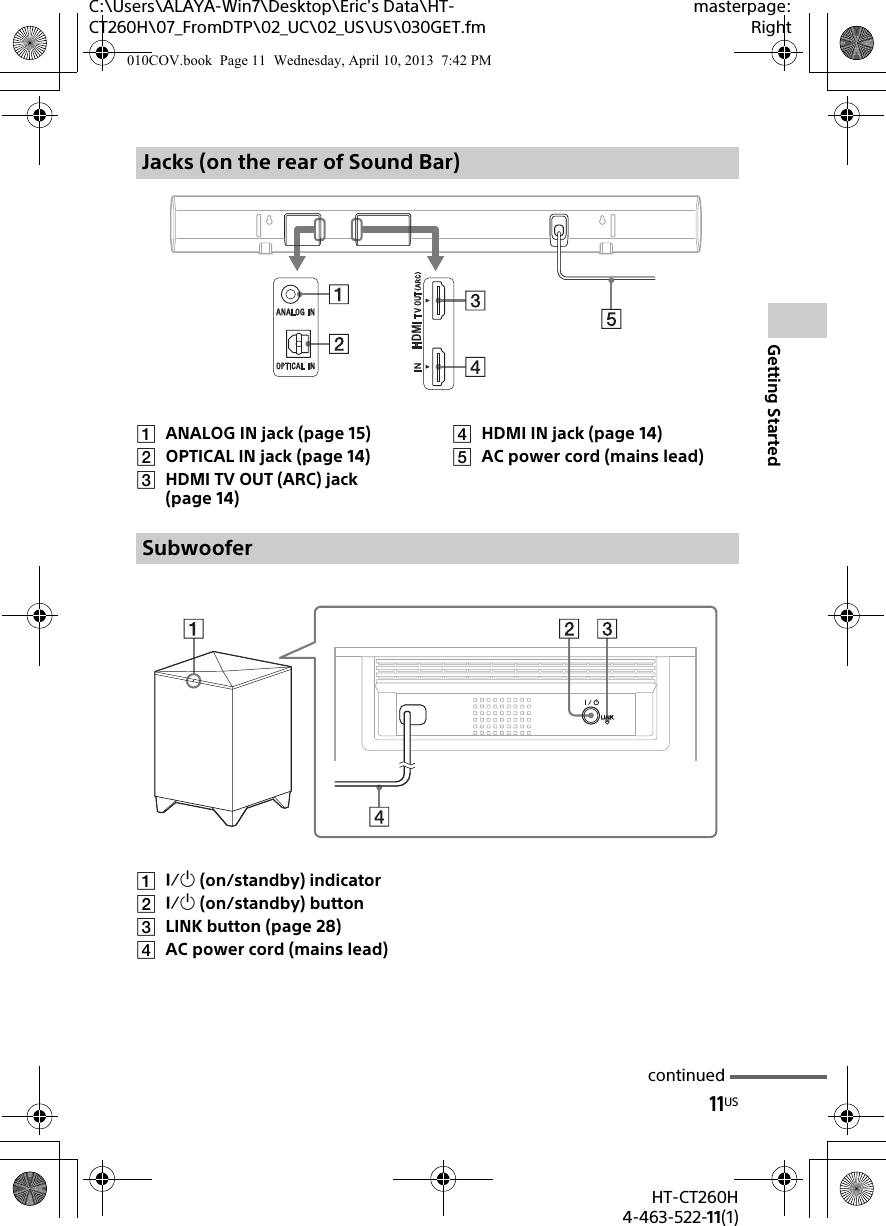 11USHT-CT260H4-463-522-11(1)Getting StartedC:\Users\ALAYA-Win7\Desktop\Eric&apos;s Data\HT-CT260H\07_FromDTP\02_UC\02_US\US\030GET.fmmasterpage:RightANALOG IN jack (page 15)OPTICAL IN jack (page 14)HDMI TV OUT (ARC) jack (page 14)HDMI IN jack (page 14)AC power cord (mains lead) (on/standby) indicator (on/standby) buttonLINK button (page 28)AC power cord (mains lead)Jacks (on the rear of Sound Bar)Subwoofercontinued010COV.book  Page 11  Wednesday, April 10, 2013  7:42 PM