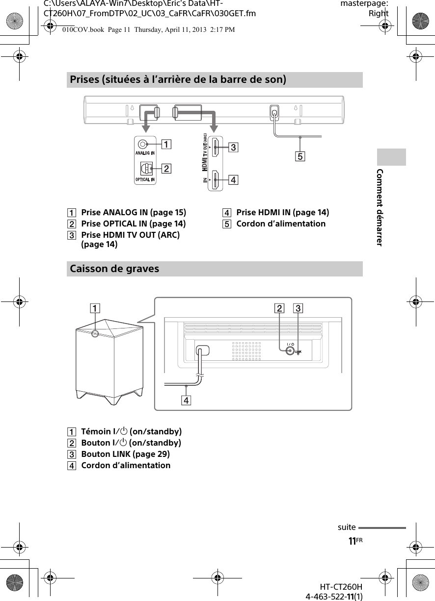 11FRHT-CT260H4-463-522-11(1)Comment démarrerC:\Users\ALAYA-Win7\Desktop\Eric&apos;s Data\HT-CT260H\07_FromDTP\02_UC\03_CaFR\CaFR\030GET.fmmasterpage:RightPrise ANALOG IN (page 15)Prise OPTICAL IN (page 14)Prise HDMI TV OUT (ARC) (page 14)Prise HDMI IN (page 14)Cordon d’alimentation Témoin  (on/standby) Bouton  (on/standby) Bouton LINK (page 29)Cordon d’alimentation Prises (situées à l’arrière de la barre de son)Caisson de gravessuite010COV.book  Page 11  Thursday, April 11, 2013  2:17 PM