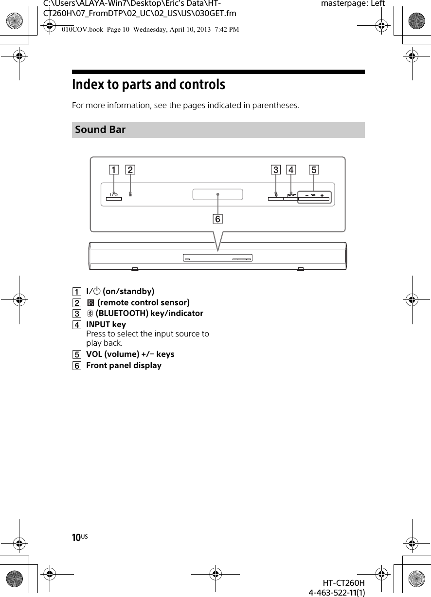 10USHT-CT260H4-463-522-11(1)C:\Users\ALAYA-Win7\Desktop\Eric&apos;s Data\HT-CT260H\07_FromDTP\02_UC\02_US\US\030GET.fmmasterpage: LeftIndex to parts and controlsFor more information, see the pages indicated in parentheses. (on/standby)(remote control sensor)(BLUETOOTH) key/indicatorINPUT keyPress to select the input source to play back.VOL (volume) +/ keysFront panel displaySound Bar010COV.book  Page 10  Wednesday, April 10, 2013  7:42 PM