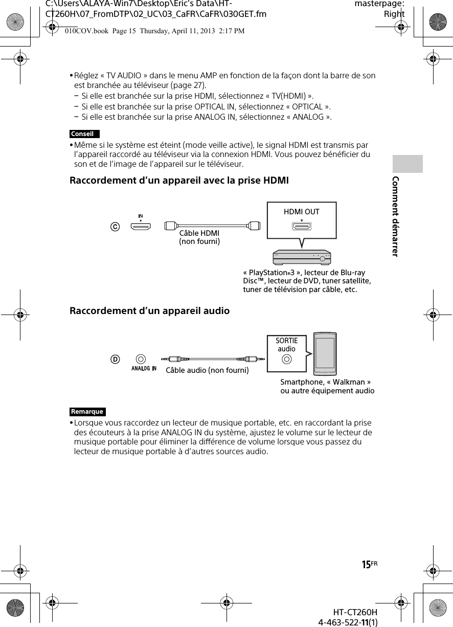 15FRHT-CT260H4-463-522-11(1)Comment démarrerC:\Users\ALAYA-Win7\Desktop\Eric&apos;s Data\HT-CT260H\07_FromDTP\02_UC\03_CaFR\CaFR\030GET.fmmasterpage:RightRéglez « TV AUDIO » dans le menu AMP en fonction de la façon dont la barre de son est branchée au téléviseur (page 27).Si elle est branchée sur la prise HDMI, sélectionnez « TV(HDMI) ».Si elle est branchée sur la prise OPTICAL IN, sélectionnez « OPTICAL ».Si elle est branchée sur la prise ANALOG IN, sélectionnez « ANALOG ».Même si le système est éteint (mode veille active), le signal HDMI est transmis par l’appareil raccordé au téléviseur via la connexion HDMI. Vous pouvez bénéficier du son et de l’image de l’appareil sur le téléviseur.Raccordement d’un appareil avec la prise HDMIRaccordement d’un appareil audioLorsque vous raccordez un lecteur de musique portable, etc. en raccordant la prise des écouteurs à la prise ANALOG IN du système, ajustez le volume sur le lecteur de musique portable pour éliminer la différence de volume lorsque vous passez du lecteur de musique portable à d’autres sources audio.ConseilRemarque« PlayStation®3 », lecteur de Blu-ray Disc™, lecteur de DVD, tuner satellite, tuner de télévision par câble, etc.Câble HDMI (non fourni)HDMI OUTCâble audio (non fourni)Smartphone, « Walkman » ou autre équipement audioSORTIE audio010COV.book  Page 15  Thursday, April 11, 2013  2:17 PM