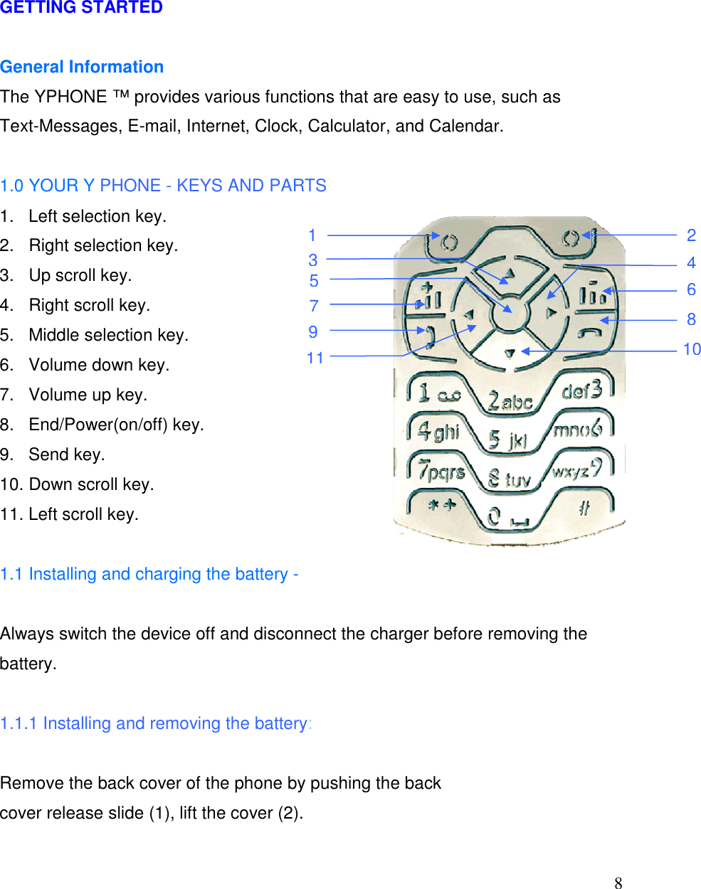   811 9 7 5 1 2 4 6 8 10 3    GETTING STARTED  General Information The YPHONE &trade; provides various functions that are easy to use, such as Text-Messages, E-mail, Internet, Clock, Calculator, and Calendar.  1.0 YOUR Y PHONE - KEYS AND PARTS 1.   Left selection key. 2.   Right selection key. 3.   Up scroll key. 4.   Right scroll key. 5.   Middle selection key. 6.   Volume down key. 7.   Volume up key. 8.   End/Power(on/off) key. 9.   Send key. 10. Down scroll key. 11. Left scroll key.  1.1 Installing and charging the battery -   Always switch the device off and disconnect the charger before removing the battery.  1.1.1 Installing and removing the battery:   Remove the back cover of the phone by pushing the back cover release slide (1), lift the cover (2). 