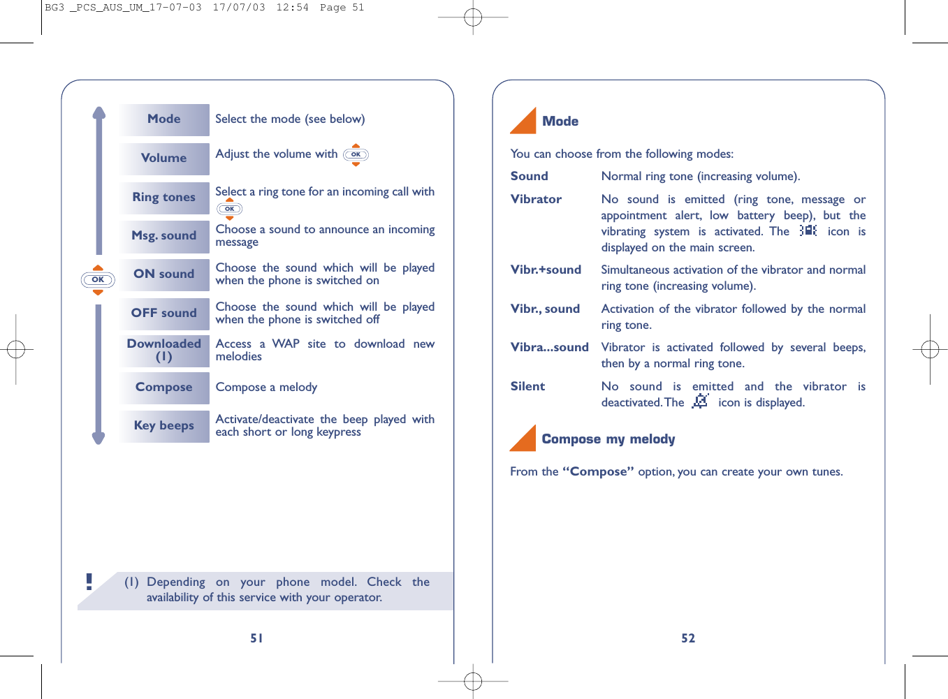 52You can choose from the following modes:Sound Normal ring tone (increasing volume).Vibrator No sound is emitted (ring tone, message orappointment alert, low battery beep), but thevibrating system is activated. The  icon isdisplayed on the main screen.Vibr.+sound Simultaneous activation of the vibrator and normalring tone (increasing volume).Vibr., sound Activation of the vibrator followed by the normalring tone.Vibra...sound Vibrator is activated followed by several beeps,then by a normal ring tone.Silent No sound is emitted and the vibrator isdeactivated.The  icon is displayed.ModeFrom the “Compose” option, you can create your own tunes.Compose my melody(1) Depending on your phone model. Check theavailability of this service with your operator.!51OKModeVolumeRing tonesComposeSelect the mode (see below)Compose a melodySelect a ring tone for an incoming call withOKAdjust the volume with OKMsg. soundKey beepsChoose a sound to announce an incomingmessageActivate/deactivate the beep played witheach short or long keypressON sound Choose the sound which will be playedwhen the phone is switched onOFF sound Choose the sound which will be playedwhen the phone is switched offDownloaded(1)Access a WAP site to download newmelodiesBG3 _PCS_AUS_UM_17-07-03  17/07/03  12:54  Page 51