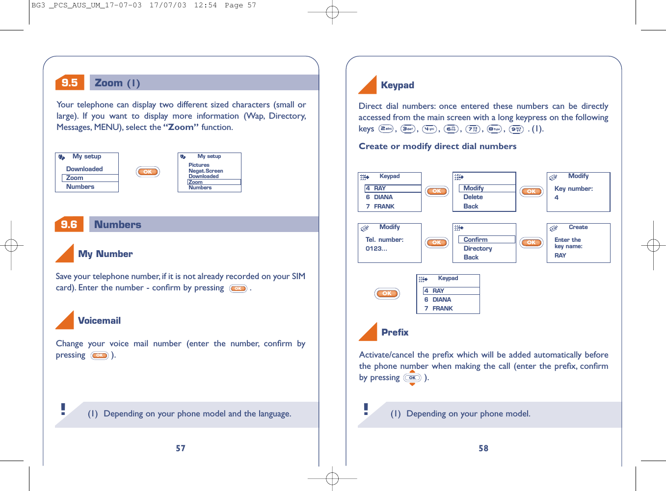 9.6 Numbers(1) Depending on your phone model.!58Activate/cancel the preﬁx which will be added automatically beforethe phone number when making the call (enter the preﬁx, conﬁrmby pressing ).OKDirect dial numbers: once entered these numbers can be directlyaccessed from the main screen with a long keypress on the followingkeys , , , , , , . (1).Create or modify direct dial numbersOKOKOKOKOKKeypadPreﬁxModifyKey number:4ModifyTel. number:0123...CreateEnter thekey name:RAYKeypad 4  RAY6  DIANA7  FRANKModifyDeleteBackConﬁrmDirectoryBackKeypad 4  RAY6  DIANA7  FRANK9.5 Zoom (1)(1) Depending on your phone model and the language.!57Save your telephone number, if it is not already recorded on your SIMcard). Enter the number - conﬁrm by pressing  .OKChange your voice mail number (enter the number, conﬁrm bypressing ).OKVoicemailMy NumberYour telephone can display two different sized characters (small orlarge). If you want to display more information (Wap, Directory,Messages, MENU), select the “Zoom” function.OKMy setupDownloadedZoomNumbersMy setupPicturesNegat.ScreenDownloadedZoomNumbersBG3 _PCS_AUS_UM_17-07-03  17/07/03  12:54  Page 57