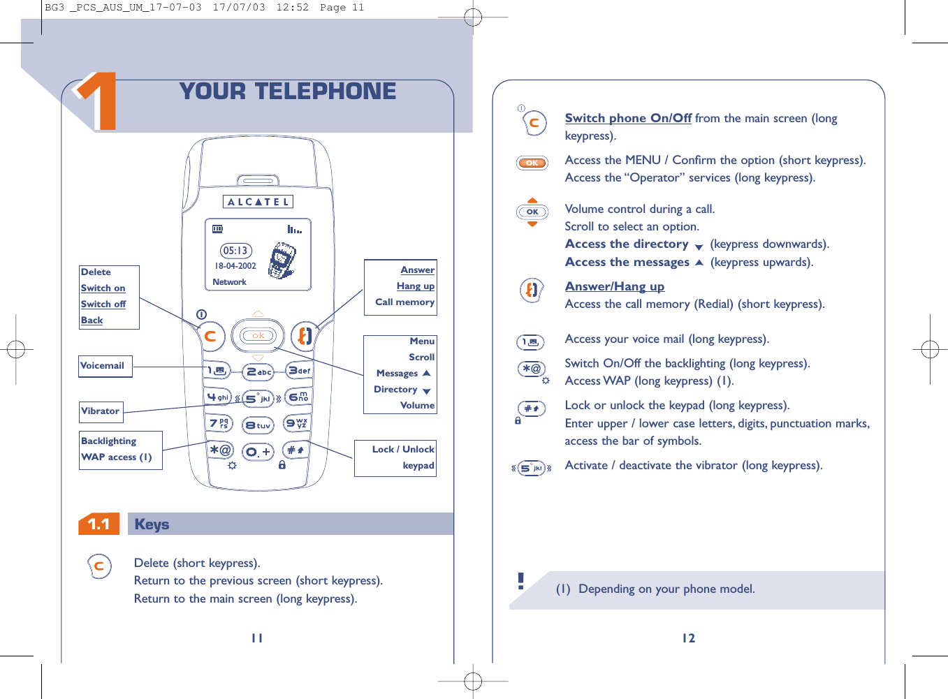 (1) Depending on your phone model.!12Switch phone On/Off from the main screen (longkeypress).Access the MENU / Conﬁrm the option (short keypress).Access the “Operator” services (long keypress).Volume control during a call.Scroll to select an option.Access the directory  (keypress downwards).Access the messages  (keypress upwards).Answer/Hang upAccess the call memory (Redial) (short keypress).Access your voice mail (long keypress).Switch On/Off the backlighting (long keypress).Access WAP (long keypress) (1).Lock or unlock the keypad (long keypress).Enter upper / lower case letters, digits, punctuation marks,access the bar of symbols.Activate / deactivate the vibrator (long keypress).OKOK1.11111YOUR TELEPHONEok05:1318-04-2002Delete Switch onSwitch offBackVoicemailBacklightingWAP access (1)Answer Hang upCall memory MenuScroll Messages Directory VolumeLock / UnlockkeypadVibratorNetworkDelete (short keypress).Return to the previous screen (short keypress).Return to the main screen (long keypress).KeysBG3 _PCS_AUS_UM_17-07-03  17/07/03  12:52  Page 11