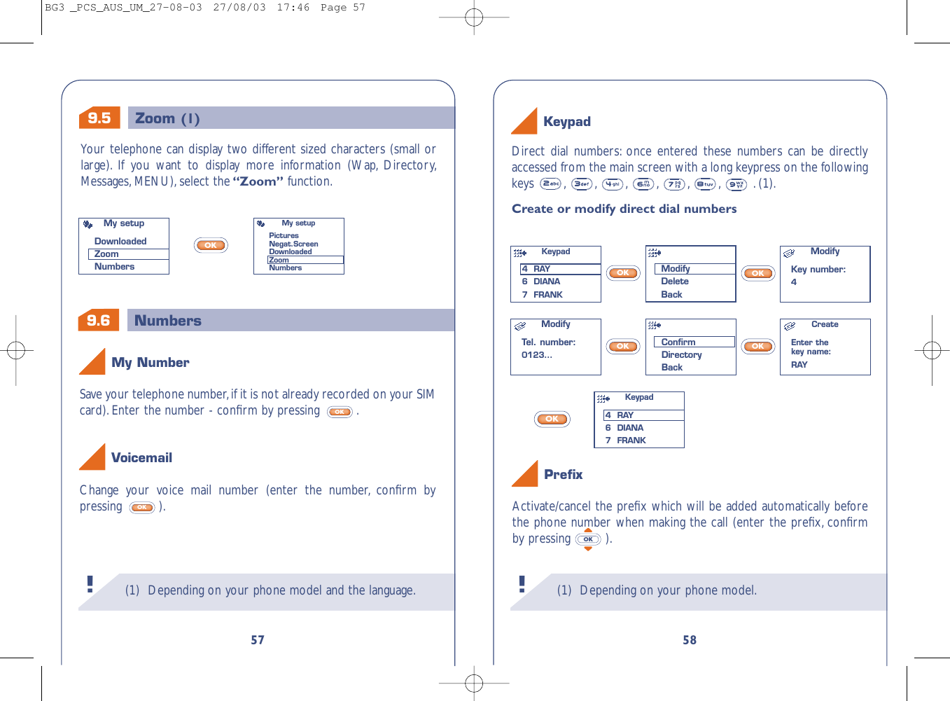 9.6 Numbers(1) Depending on your phone model.!58Activate/cancel the preﬁx which will be added automatically beforethe phone number when making the call (enter the preﬁx, conﬁrmby pressing ).OKDirect dial numbers: once entered these numbers can be directlyaccessed from the main screen with a long keypress on the followingkeys , , , , , , .(1).Create or modify direct dial numbersOKOKOKOKOKKeypadPreﬁxModifyKey number:4ModifyTel. number:0123...CreateEnter thekey name:RAYKeypad 4  RAY6  DIANA7  FRANKModifyDeleteBackConﬁrmDirectoryBackKeypad 4  RAY6  DIANA7  FRANK9.5 Zoom (1)(1) Depending on your phone model and the language.!57Save your telephone number,if it is not already recorded on your SIMcard).Enter the number - conﬁrm by pressing  .OKChange your voice mail number (enter the number, conﬁrm bypressing ).OKVoicemailMy NumberYour telephone can display two different sized characters (small orlarge). If you want to display more information (Wap, Directory,Messages,MENU),select the“Zoom” function.OKMy setupDownloadedZoomNumbersMy setupPicturesNegat.ScreenDownloadedZoomNumbersBG3 _PCS_AUS_UM_27-08-03  27/08/03  17:46  Page 57