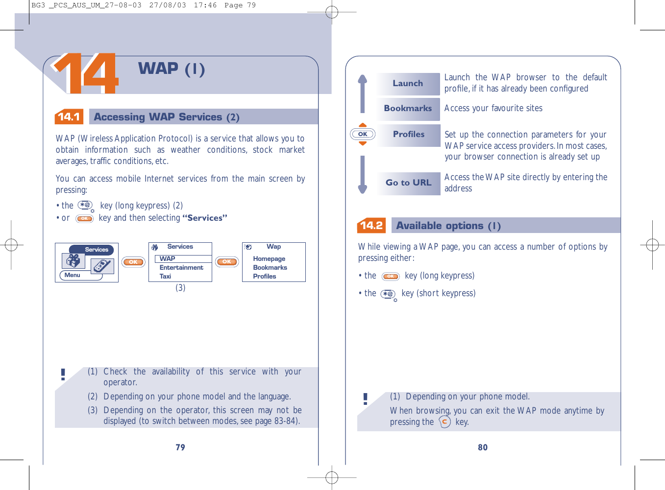 14.1 Accessing WAP Services (2)OK14.2 Available options (1)(1) Depending on your phone model.When browsing, you can exit the WAP mode anytime bypressing the  key.!80While viewing a WAP page, you can access a number of options bypressing either:•the  key (long keypress)•the key (short keypress)OKAccess the WAP site directly by entering theaddressSet up the connection parameters for yourWAP service access providers.In most cases,your browser connection is already set up ProﬁlesGo to URLLaunchBookmarksLaunch the WAP browser to the defaultproﬁle,if it has already been conﬁguredAccess your favourite sites(1) Check the availability of this service with youroperator.(2) Depending on your phone model and the language.(3) Depending on the operator, this screen may not bedisplayed (to switch between modes,see page 83-84).!79WAP (1)1414WAP (Wireless Application Protocol) is a service that allows you toobtain information such as weather conditions, stock marketaverages, traffic conditions, etc.You can access mobile Internet services from the main screen bypressing:• the  key (long keypress) (2)• or  key and then selecting “Services”OKOKOK(3)WapHomepageBookmarks ProﬁlesServicesWAPEntertainmentTaxiServicesMenuBG3 _PCS_AUS_UM_27-08-03  27/08/03  17:46  Page 79