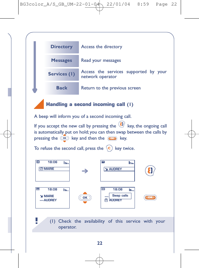 (1) Check the availability of this service with youroperator.!22OKA beep will inform you of a second incoming call.If you accept the new call by pressing the  key, the ongoing callis automatically put on hold; you can then swap between the calls bypressing the  key and then the  key.To   r efuse the second call, press the  key twice.OKOKHandling a second incoming call (1)OK18:06MARIE AUDREY18:08MARIEAUDREY...18:08MARIEAUDREY...Swap callsDirectory Access the directoryMessagesServices (1)Back Return to the previous screenAccess the services supported by yournetwork operatorRead your messagesBG3color_A/S_GB_UM-22-01-04  22/01/04  8:59  Page 22