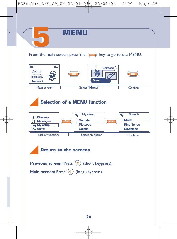 26Previous screen: Press (short keypress).Main screen: Press (long keypress).OKOKList of functions Select an option ConﬁrmMain screen Select “Menu” Conﬁrm55From the main screen, press the  key to go to the MENU.OKOKOKMENU Selection of a MENU functionReturn to the screens05:1318-04-2002NetworkMy setupSounds PicturesColourSoundsModeRing TonesDownloadServicesMenuDirectoryMessages My setupGameBG3color_A/S_GB_UM-22-01-04  22/01/04  9:00  Page 26