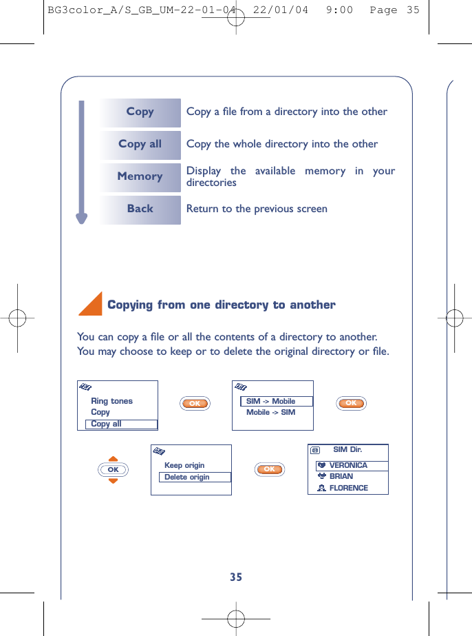 35You can copy a ﬁle or all the contents of a directory to another.You may choose to keep or to delete the original directory or ﬁle.OKOKOKOKCopying from one directory to anotherRing tonesCopyCopy allSIM -&gt; MobileMobile -&gt; SIMKeep originDelete originSIM Dir.VERONICABRIANFLORENCECopy Copy a ﬁle from a directory into the otherCopy all Copy the whole directory into the otherMemoryBack Return to the previous screenDisplay the available memory in yourdirectoriesBG3color_A/S_GB_UM-22-01-04  22/01/04  9:00  Page 35