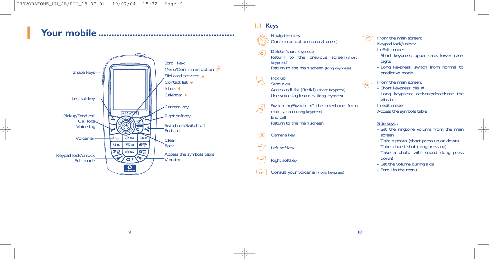 10Navigation keyConfirm an option (central press)Delete (short keypress)Return to the previous screen (shortkeypress)Return to the main screen (long keypress)Pick upSend a callAccess call list (Redial) (short keypress)Use voice tag features (long keypress)Switch on/Switch off the telephone frommain screen (long keypress)End callReturn to the main screenCamera keyLeft softkeyRight softkeyConsult your voicemail (long keypress)From the main screen:Keypad lock/unlockIn Edit mode:- Short keypress: upper case, lower case,digits- Long keypress: switch from normal topredictive modeFrom the main screen:- Short keypress: dial #- Long keypress: activate/deactivate thevibrator.In edit mode:Access the symbols tableSide keys : - Set the ringtone volume from the mainscreen- Take a photo (short press up or down)- Take a burst shot (long press up)- Take a photo with sound (long pressdown)- Set the volume during a call - Scroll in the menu1.1 Keys1Your mobile ....................................................9Switch on/Switch offEnd call Voicemail ClearBackKeypad lock/unlockEdit modeLeft softkeyRight softkeyCamera keyPickup/Send callCall logsVoice tagScroll key:Menu/Confirm an option SIM card services Contact list Inbox Calendar Access the symbols tableVibrator2 side keysTH3VODAFONE_UM_GB/FCC_15-07-04  19/07/04  15:32  Page 9